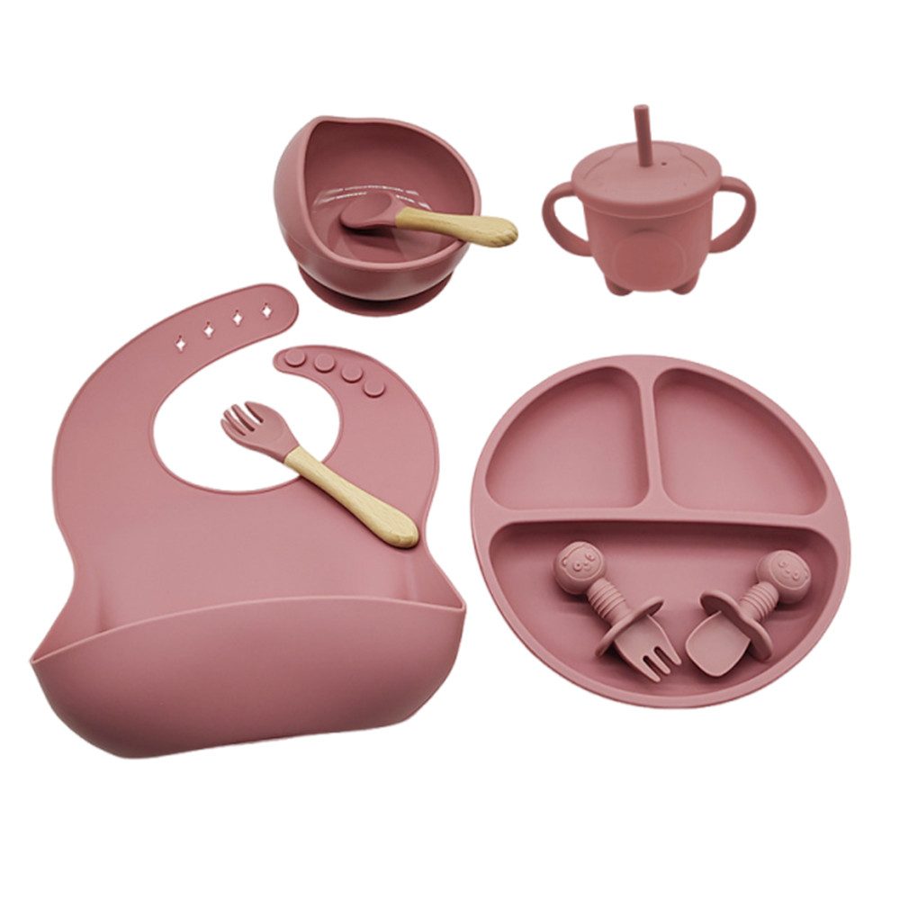 Kindergeschirr-Set Silikon Babygeschirrset mit Saugnäpfen 8er BPA-frei Besteck & Lätzchen