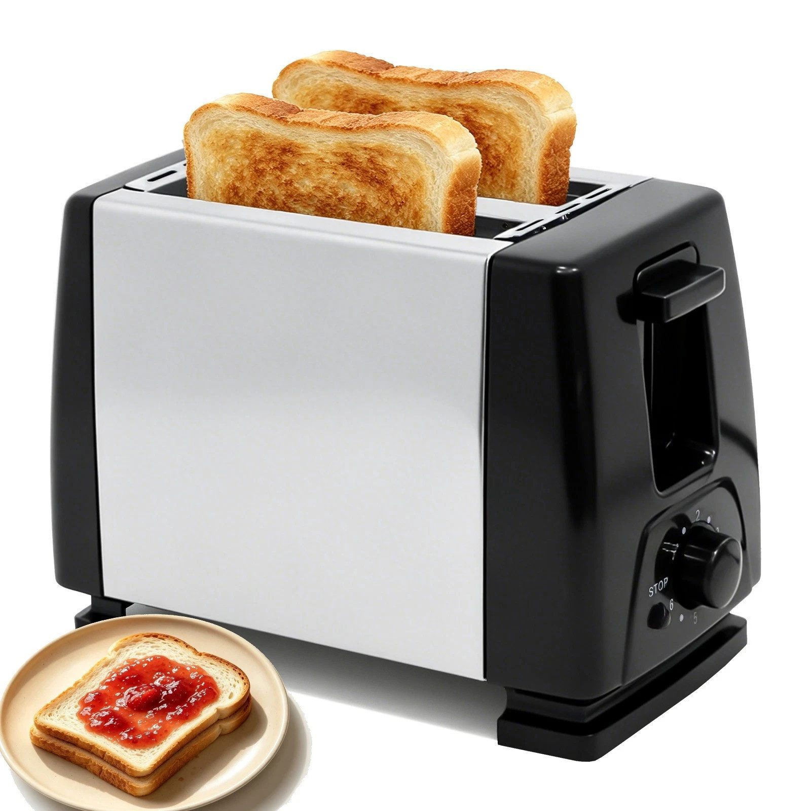OZAVO Toaster 2-Scheiben-Toaster mit 6 Stufen und Stoppfunktion, 2 kurze Schlitze, für 2 Scheiben, 650 W, Brot-Schlitz: 13 cm × 3 cm,Mit Krümelschublade