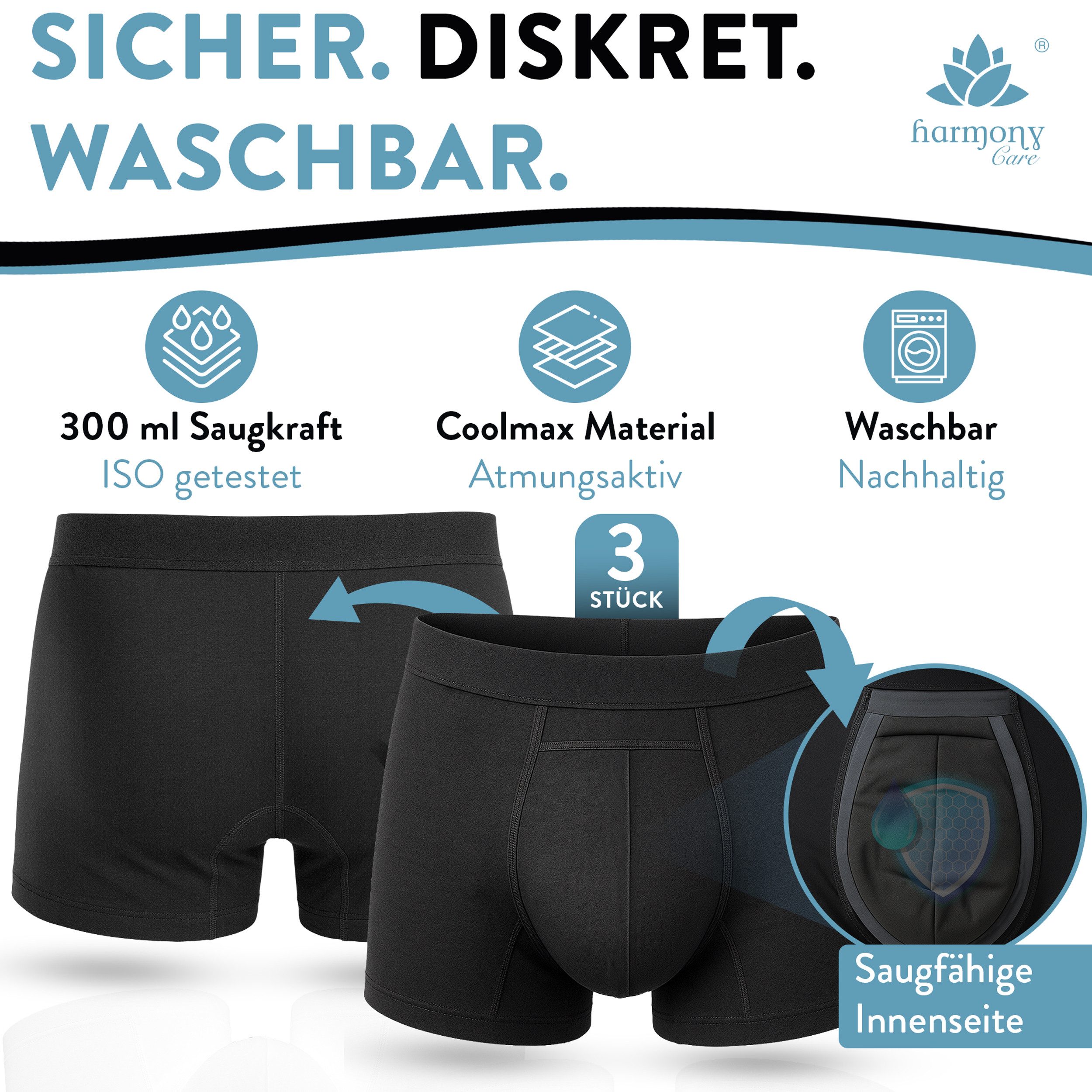 Harmony Care Inkontinenzboxer Premium waschbare Inkontinenz Pants Männer inkl. Waschnetz (3 Stück, 3-St) extra auslaufsicher