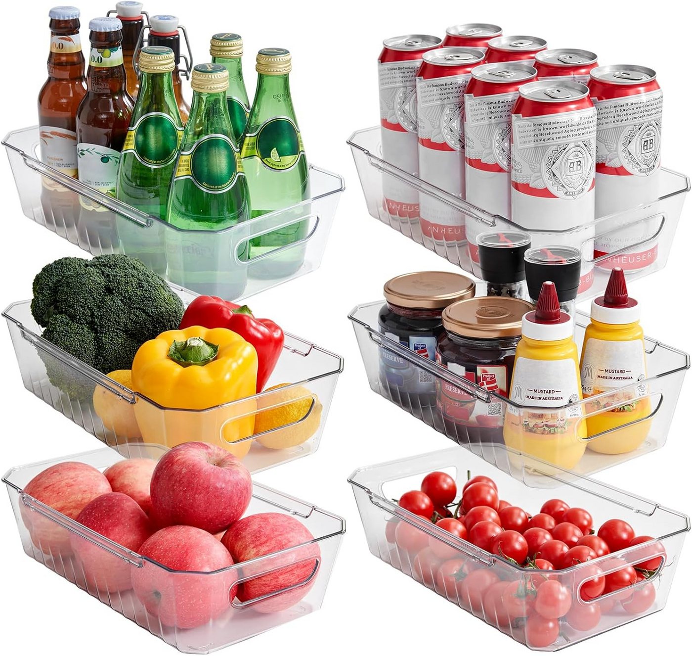 Lifewit Korbeinsatz 6er Set Kühlschrank Organizer Aufbewahrungsboxen BPA-frei stapelbar, Zubehör für Kühlschränke, Vorratsregale, Küchenregale, Bad- und Büroutensilien, Stapelbare, bruchsichere PET-Boxen mit Griff und Wellendesign