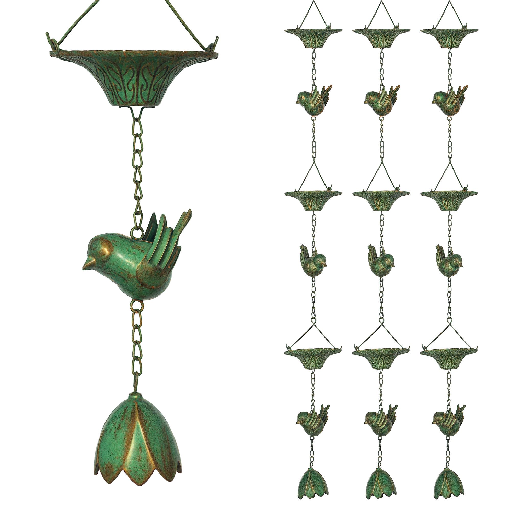 Outsunny Dekoobjekt 123cm lang (Regenketten, 3 St., Regenfänger), mit Vögeln, Blumenbechern, aus Metall, für Dachrinnen, Grün