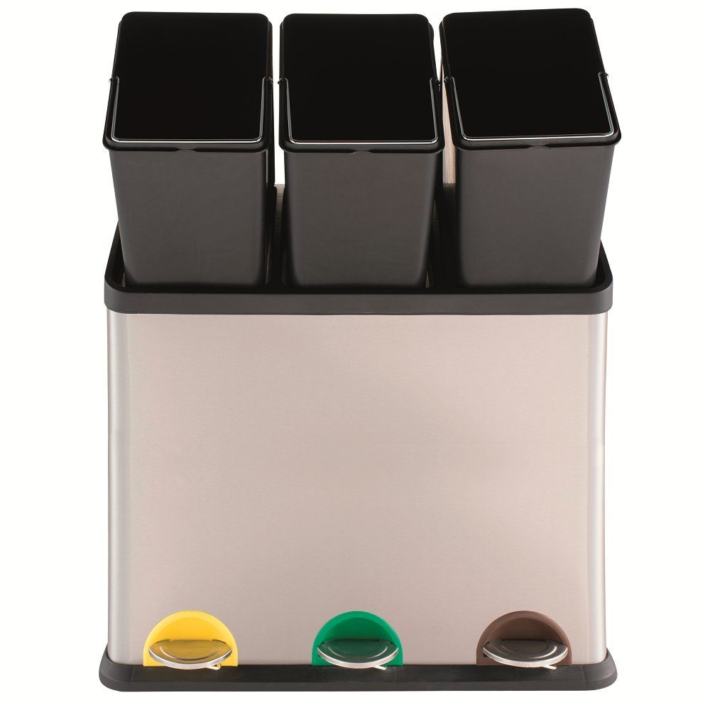 MSV Mülltrennsystem Treteimer Mülltrennung, mit Deckel, 60 L (3x 20 L), mit Inneneimer, Treteimer, Edelstahl