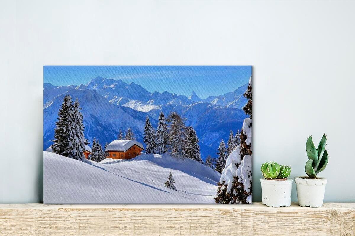 30x20 cm Wandbild der Leinwandbilder, Aufhängefertig, in OneMillionCanvasses® Winterlandschaft St), (1 Leinwandbild Wanddeko, Schweiz, Hütte der