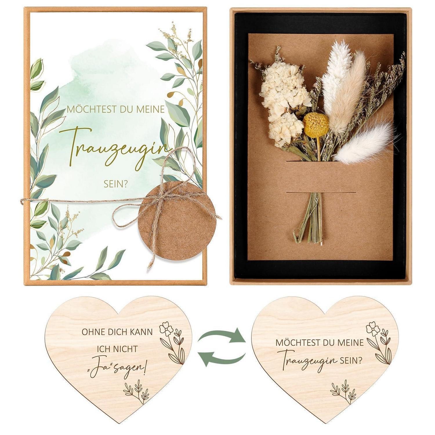 LuxusKollektion Hochzeitskarte Trauzeugin Frage Geschenkset Grün Trockenblumen Holzherz
