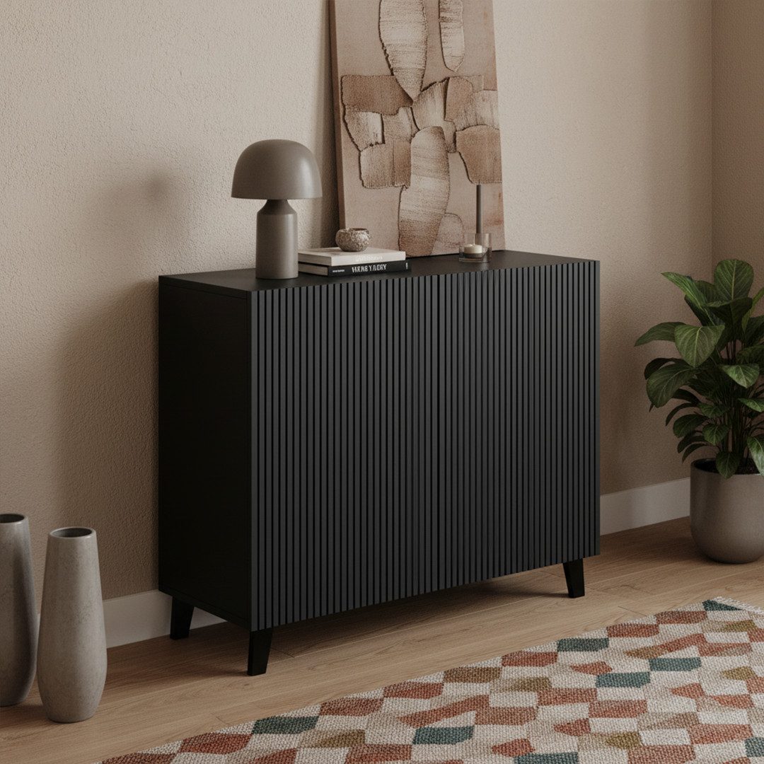 Bellamio Kommode Tana aus Holz (mit 2 Türen, schwarz, 85x40x92 cm), Sideboard mit geriffelter Front, grifflos, mit 4 Fächern