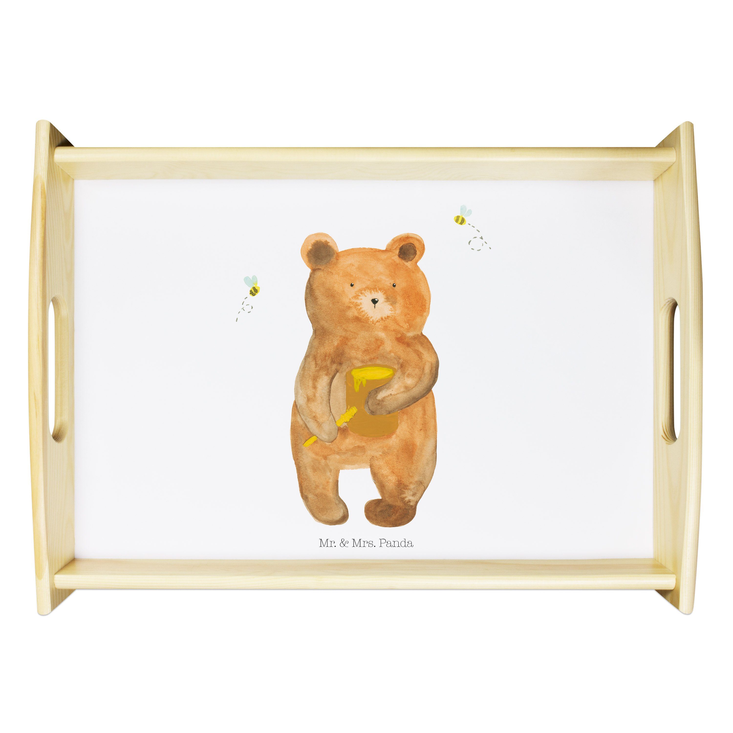 Mr. & Mrs. Panda Tablett Honigbär - Weiß - Geschenk, Teddybär, Liebe, Küchentablett, Holztable, Echtholz lasiert, (1-tlg)