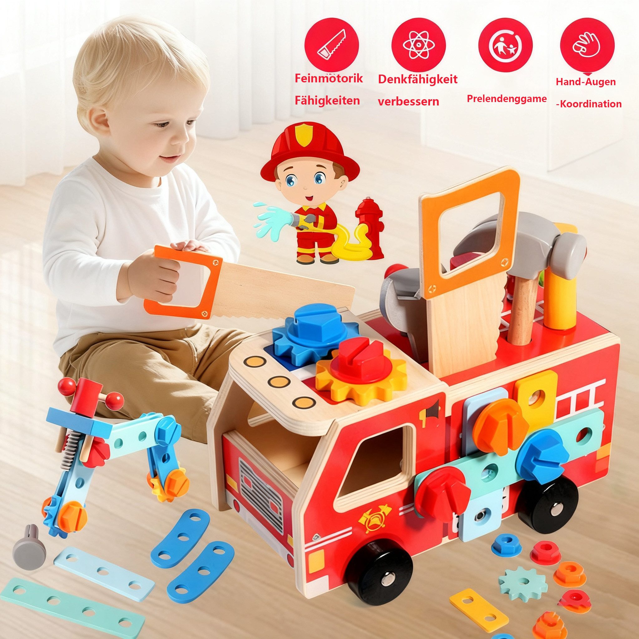 CLTYQ Lernspielzeug 33-teiliges Holz-Kinder-Werkzeug mit Feuerwehr-förmiger günstig online kaufen
