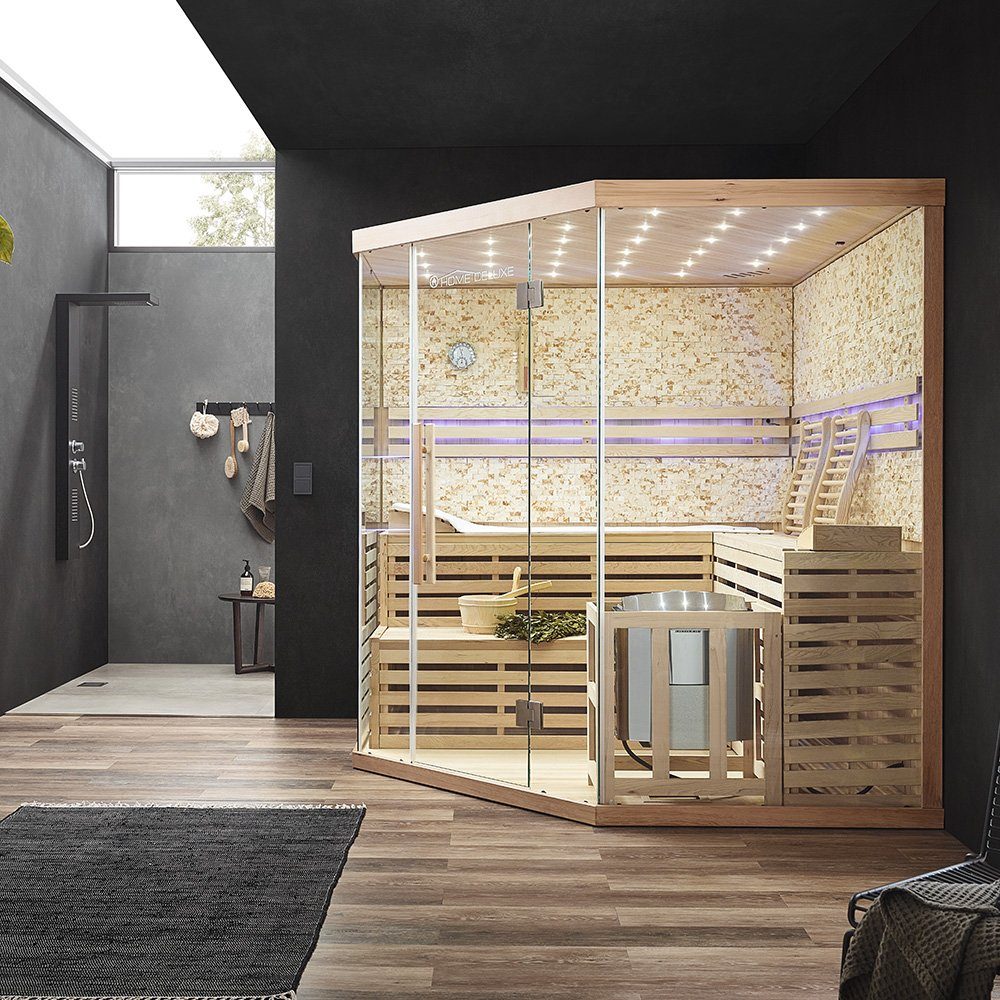 HOME DELUXE Sauna Traditionelle Sauna SKYLINE BIG - XL mit Kunststeinwand, BxTxH: 200 x 200 x 210 cm, für bis zu 6 Personen, 8 kW Saunaofen, aus Hemlocktanne