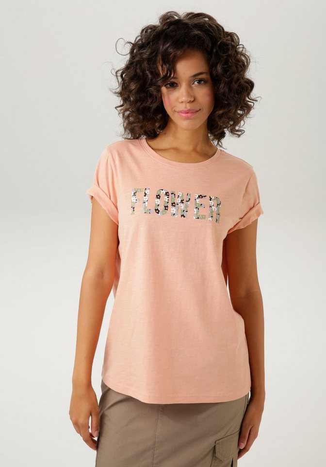 Aniston CASUAL T-Shirt mit blumigem Schriftzug im Vorderteil . NEUE  KOLLEKTION