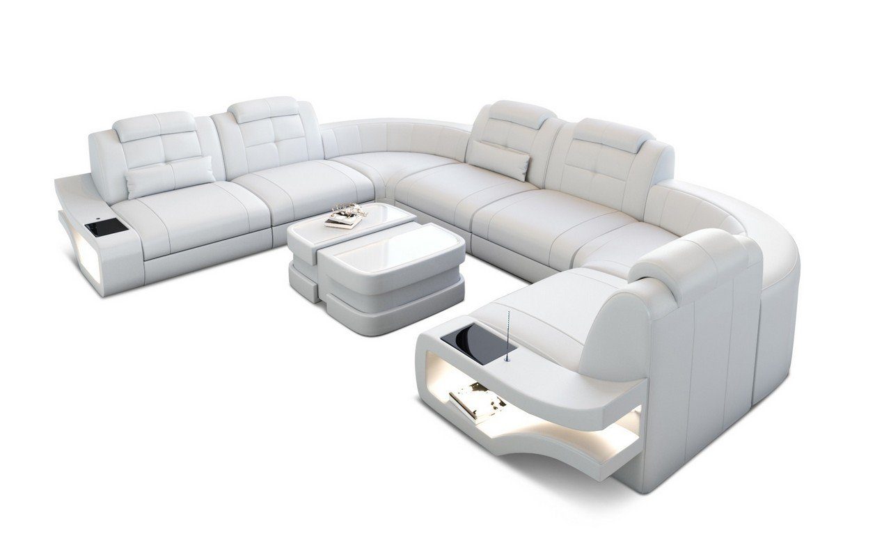 Sofa Form Ledersofa U-Form Couch U Dreams Elena mit Ledersofa, Sofa LED-Beleuchtung Leder Wohnlandschaft