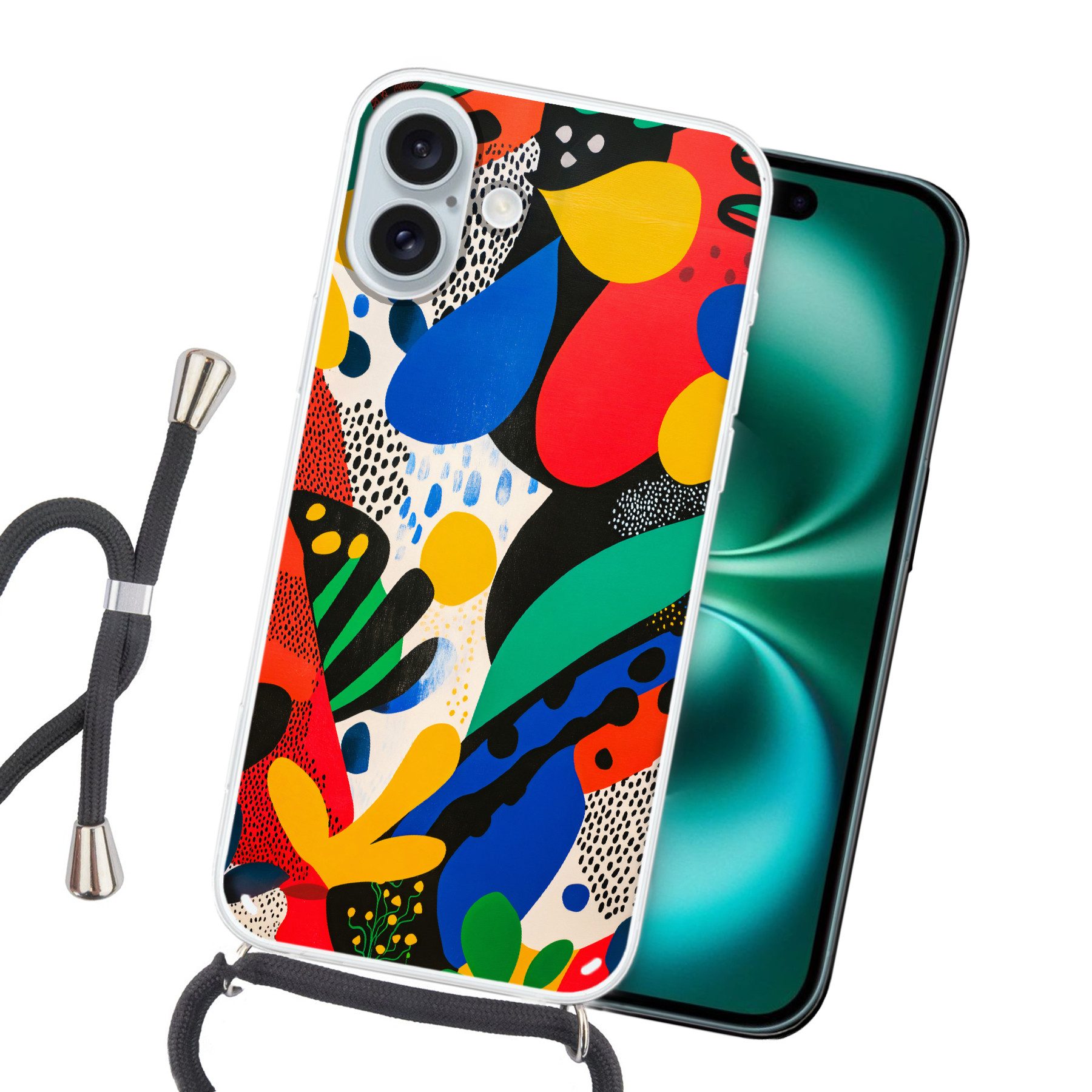 MuchoWow Handyhülle für Apple iPhone 16 Plus Abstrakt - Pflanzen - Formen - Farbenfroh, Tragbare Handyhüllen mit Kette zum umhängen, Handykette Handyband
