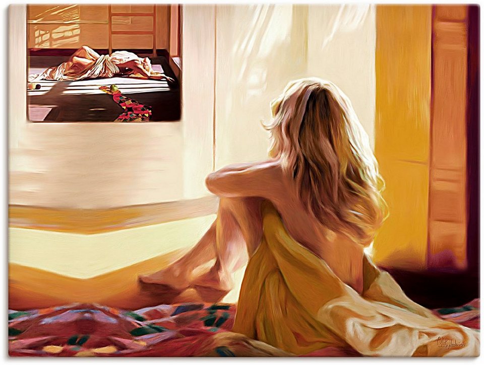 Artland Wandbild Blondes Mädchen sitzt auf dem Bett, Bilder von Frauen (1 St),  als Alubild, Leinwandbild, Wandaufkleber oder Poster in versch. Größen