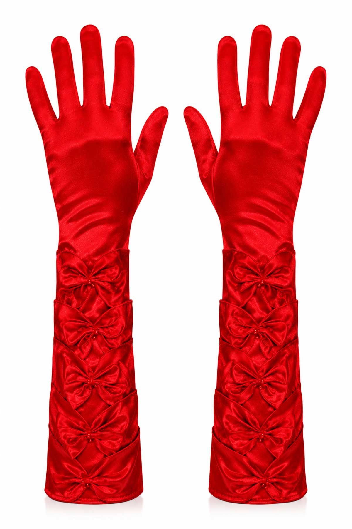Kostüm Damen Satin Handschuhe mit Schleifen und Perlen
