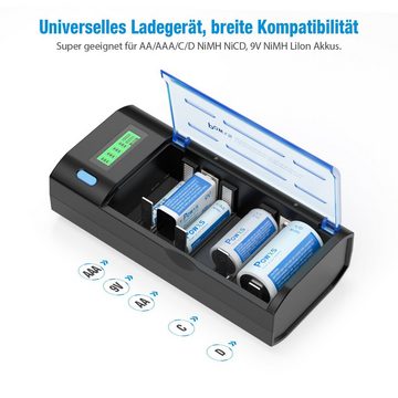 POWXS Akku Ladegerät, Universal USB Schnell Akkuladegerät, mit LCD-Anzeiger Batterie-Ladegerät (1-tlg., für AA/AAA/C/D/9V NI-MH/NI-CD Wiederaufladbare Batterien)