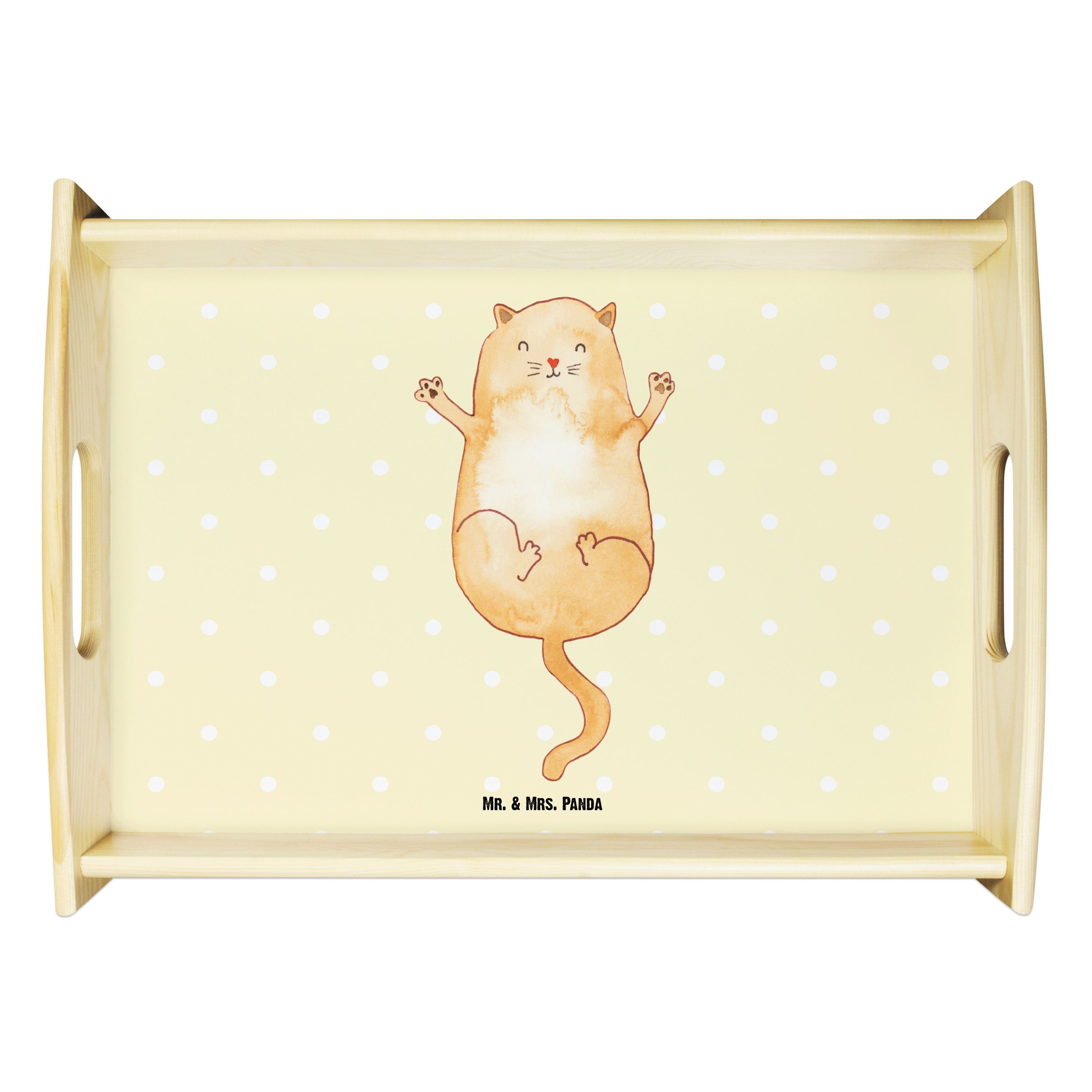 Mr. & Mrs. Panda Tablett Katzen Umarmen - Gelb Pastell - Geschenk, Küchentablett, Katzenliebha, Echtholz lasiert, (1-tlg)