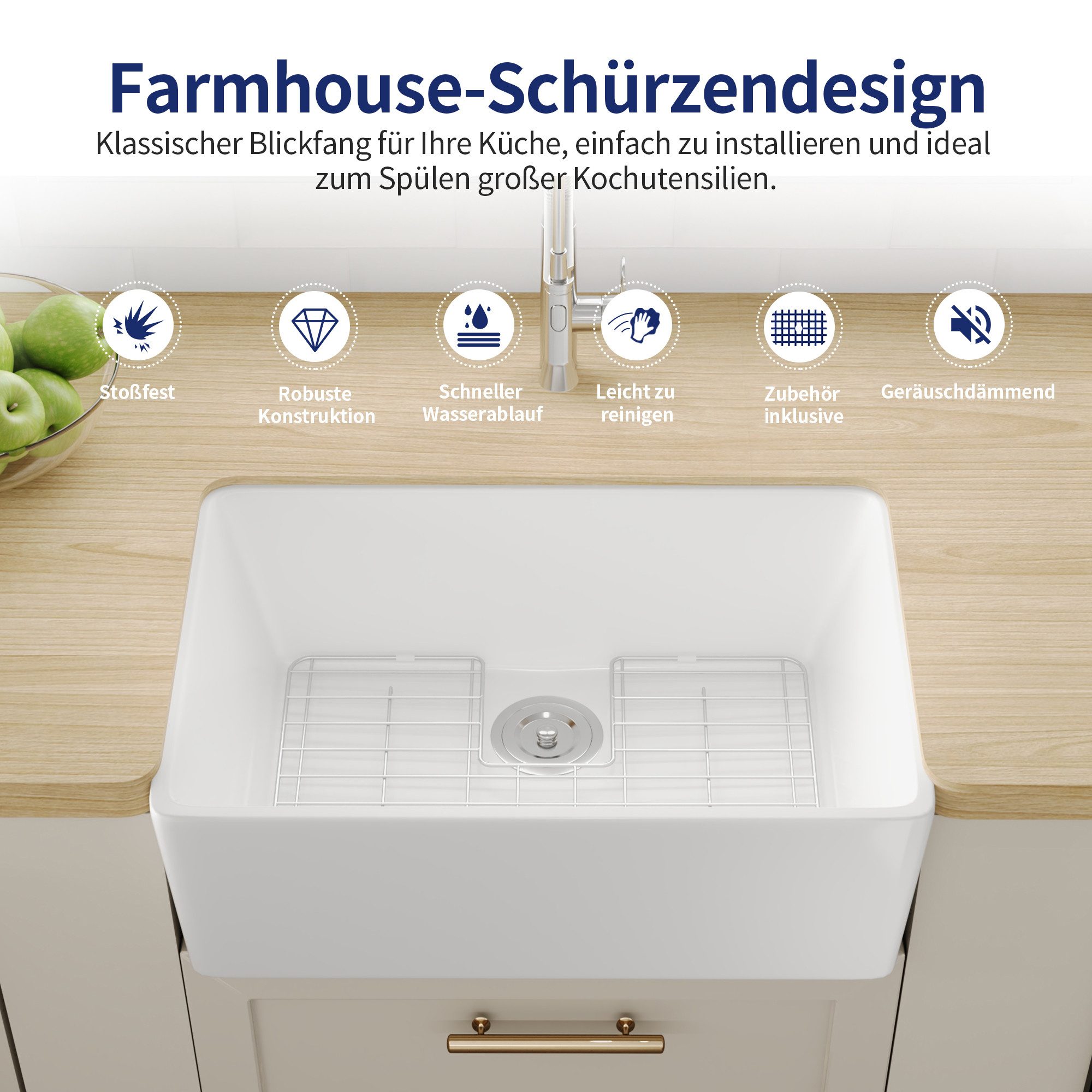 DeerValley Küchenspüle DeerValley Küchenspüle, 408/605 cm, Hochtemperaturgebrannte Keramik, extrem widerstandsfähig und langlebig, (Komplettset, Spüle mit Edelstahl-Gitter und Korbsieb), Keramik für extreme Haltbarkeit und Hitzebeständigkeit