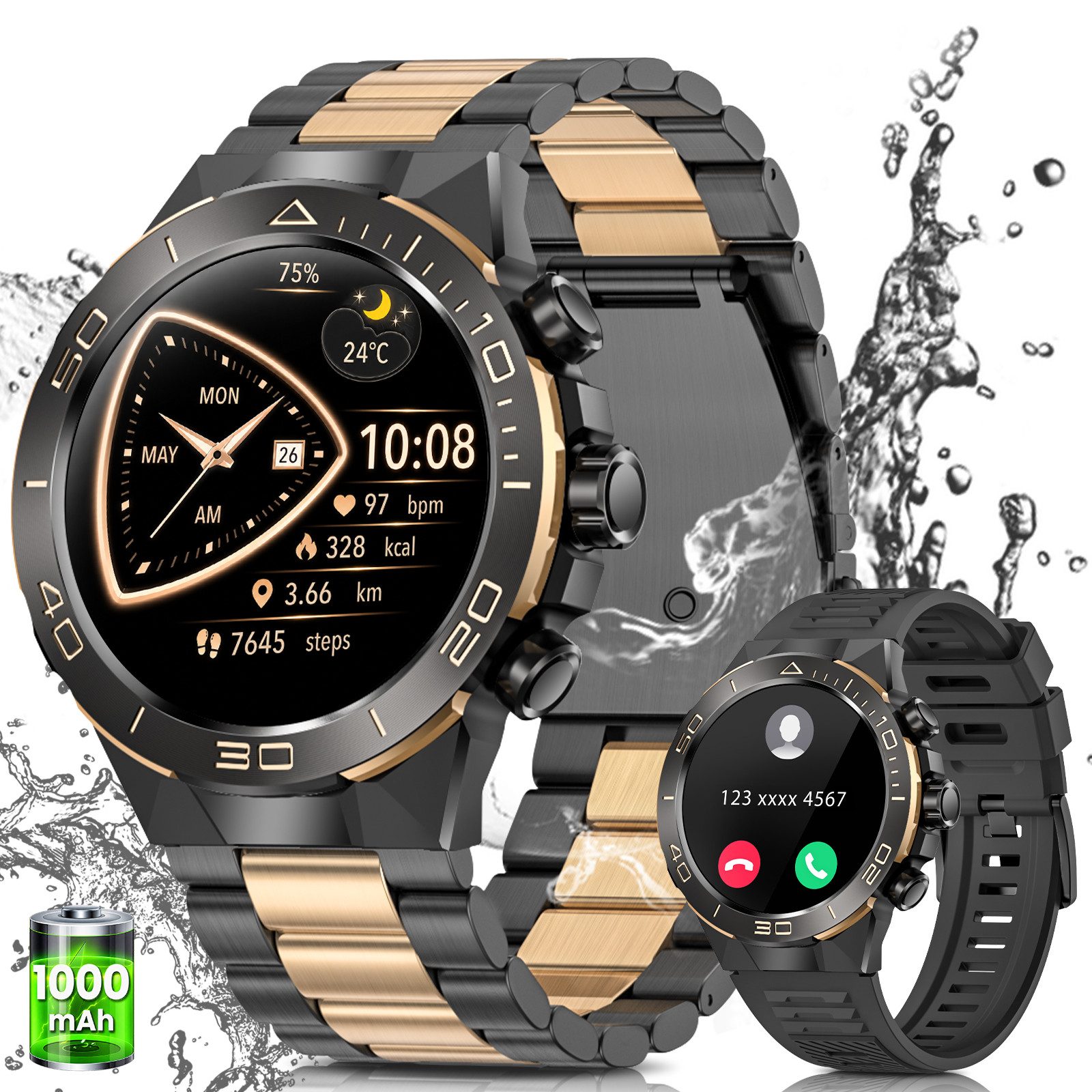 SWGOTA Smartwatch Herren Militär mit Herzfrequenz,Blutdruck,107 Sportmodi Smartwatch (3.63 cm cm/1,43 Zoll), AMOLED-Display Fitnesstracker mit Schlafmonitor,1000mAh,2 Armbänder