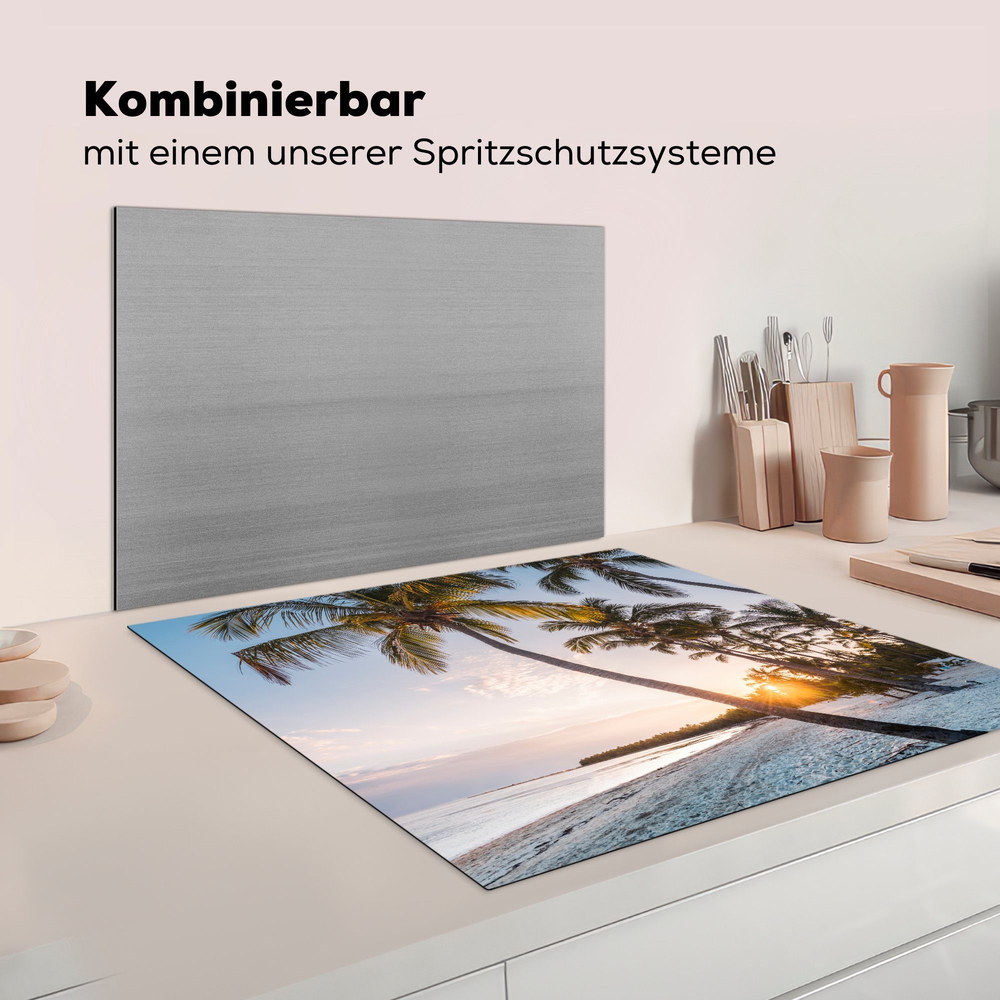 Palme, küche für 78x78 Herdblende-/Abdeckplatte Vinyl, - Arbeitsplatte cm, Strand MuchoWow - (1 tlg), Ceranfeldabdeckung, Sonnenuntergang