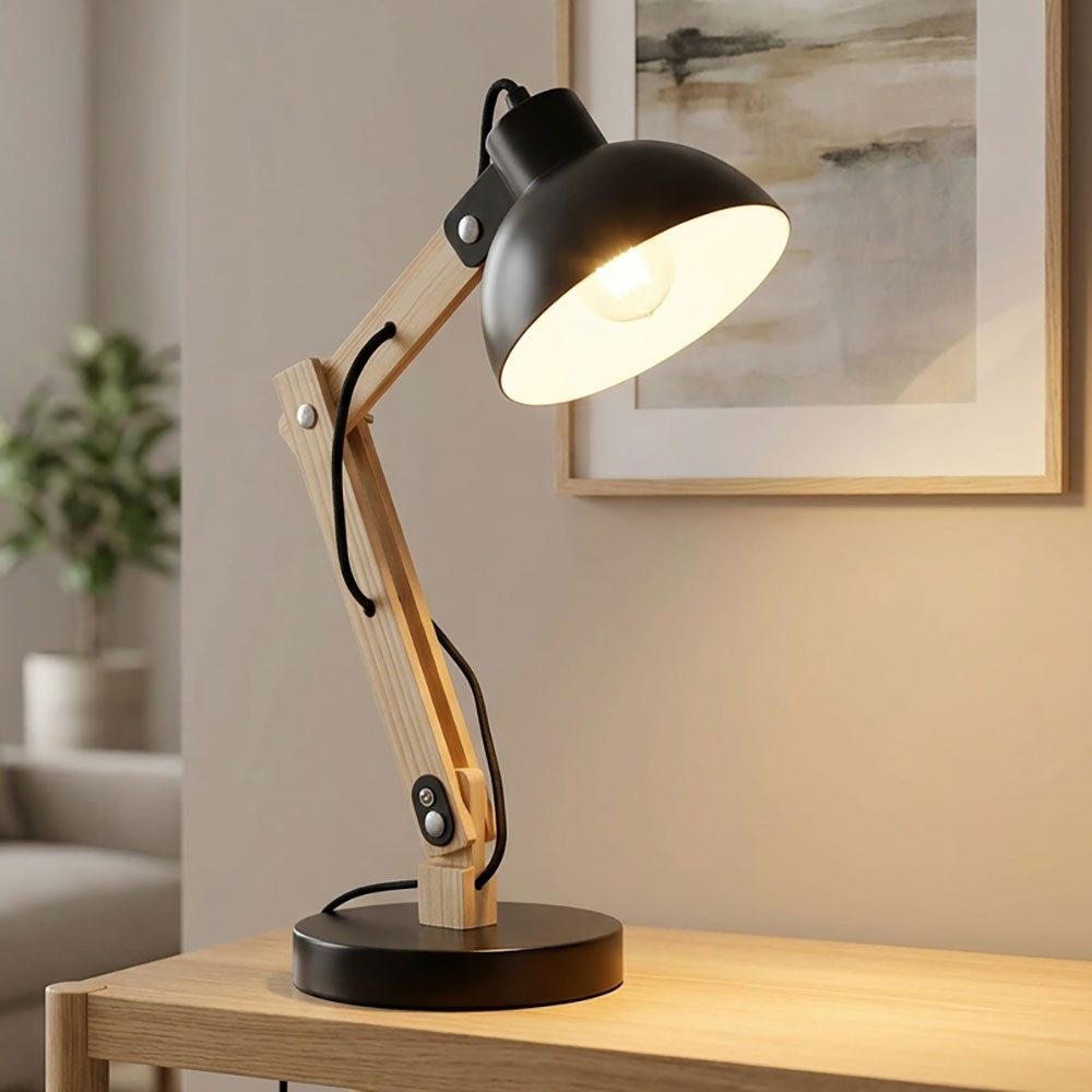 GLOBO LIGHTING Schreibtischlampe, Leuchtmittel inklusive, Warmweiß, LED Schreibtischlampe Holz Metall Schwarz Tischleuchte verstellbar