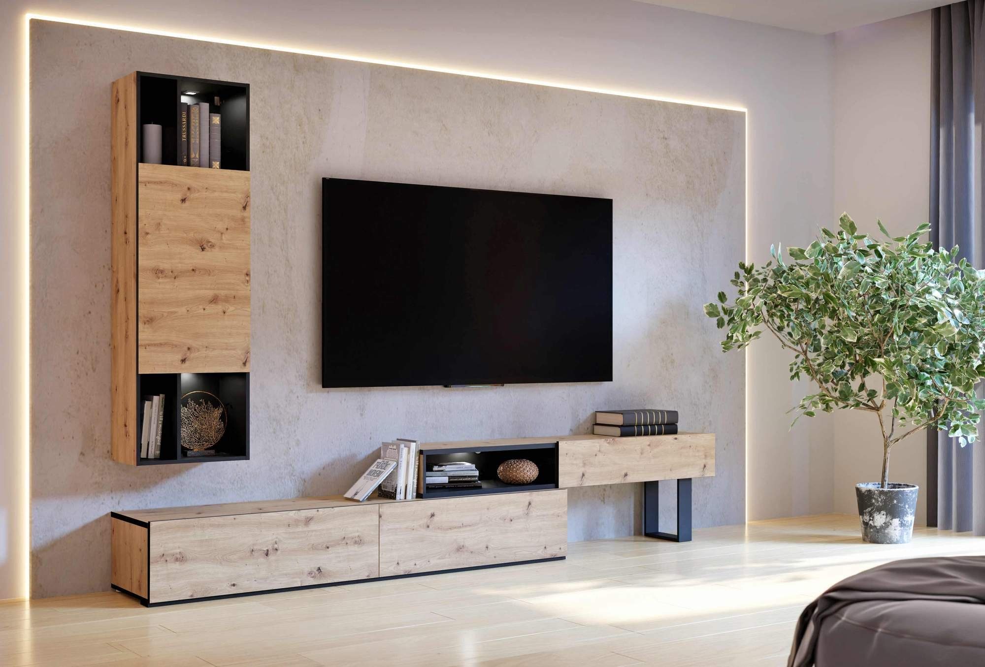 FORTE Wohnzimmer-Set Wohnwand KAELON 2er Set mit Beleuchtung Optik: Artisan Eiche, (Spar-Set, 2-St., 1x Lowboard, 1x Hängeschrank)