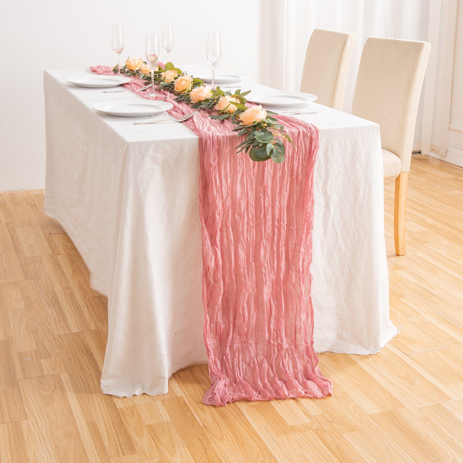 Tischläufer rustikaler Gaze-Tischläufer, Seihtuch, halbdurchsichtiger Stoff, Tischdecke für Boho-Hochzeit, Geburtstagsfeier, 90 x 400 cm Watermelon-Red