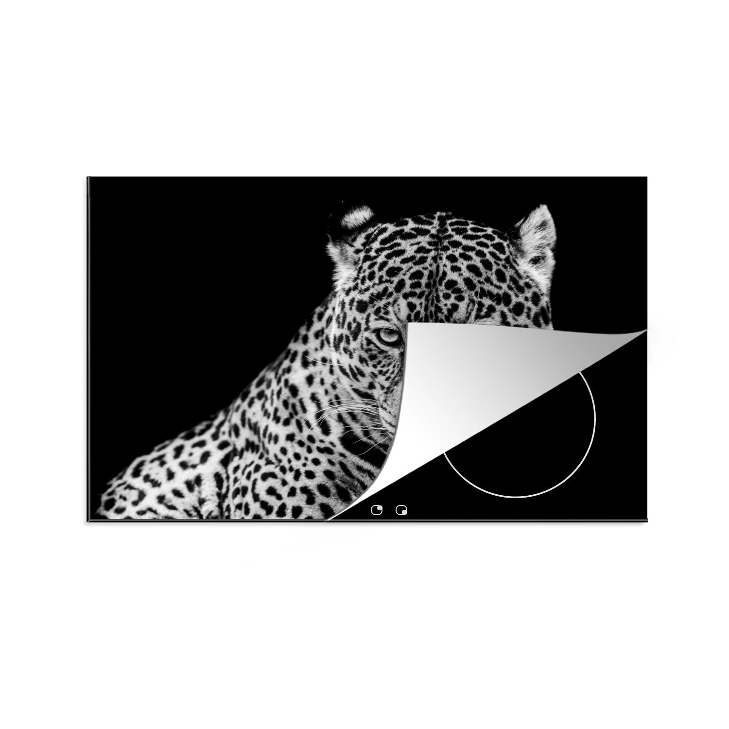 MuchoWow Herdblende-/Abdeckplatte Leopard - Tiere - Schwarz - Weiß - Porträt, Vinyl, (1 tlg), 81x52 cm, Ceranfeldabdeckung, Arbeitsplatte für küche