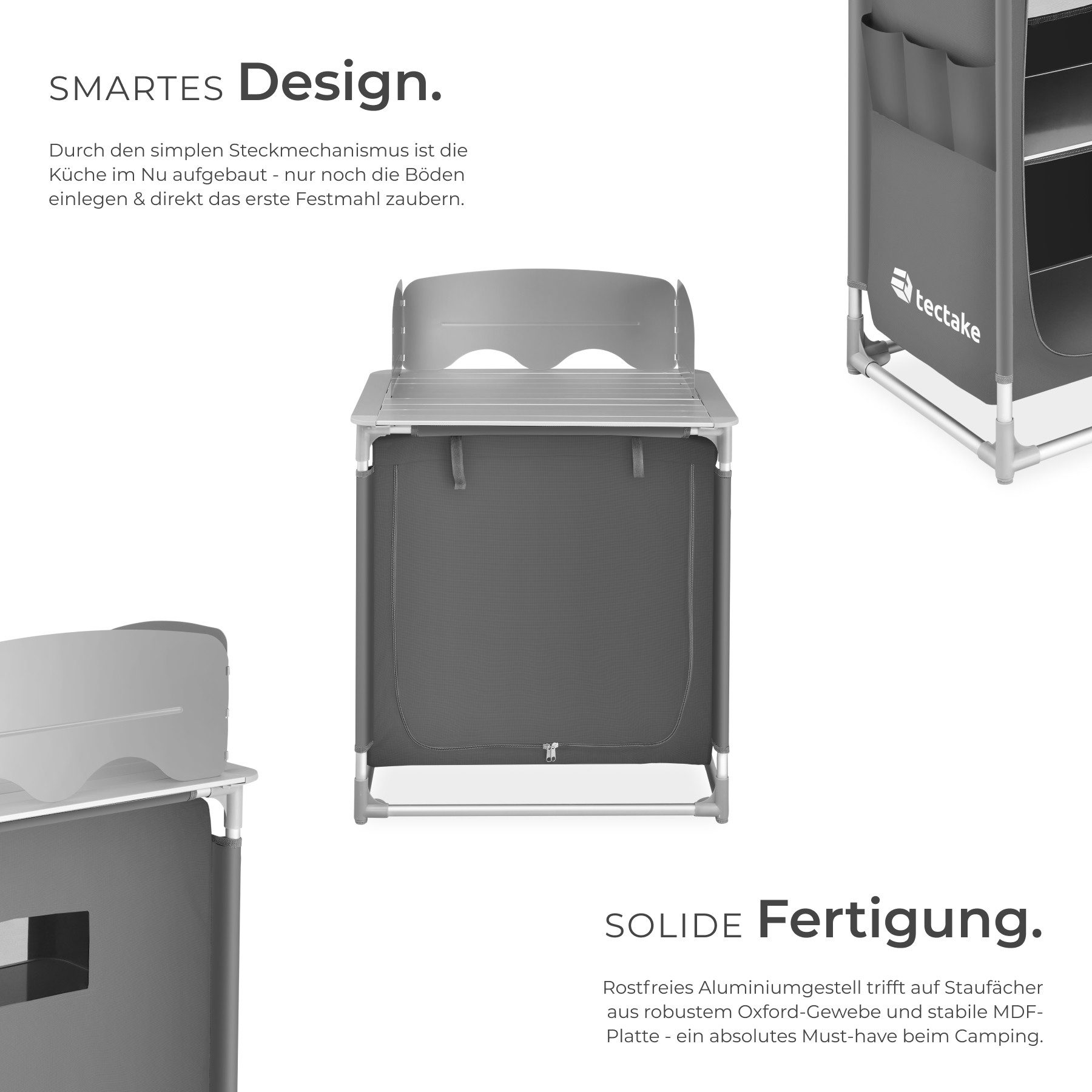 tectake Campingtisch Campingküche Premium mit Aluminiumgestell und 2 Fächern (1-St., 1 tlg), Sehr kompakt zerlegbare Aufbauküche mit Aluminiumgestell
