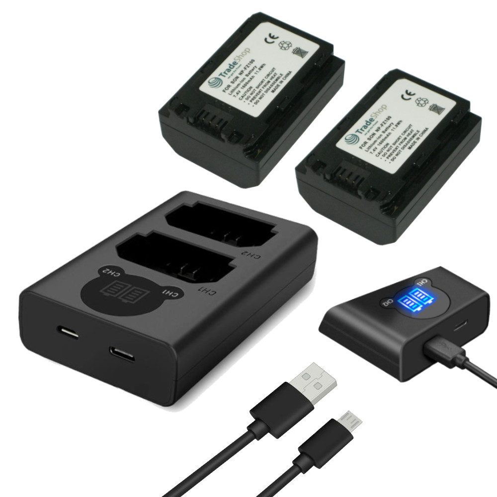 Trade-Shop 3in1 Set passend für Sony Alpha A7R IV / A7R4 / A7 Ladegerät + 2x Kamera-Akku Li-Ion 1600 mAh (7,4 V), Für 220V Steckdose und 12V/24V Kfz Zigarettenanzünder