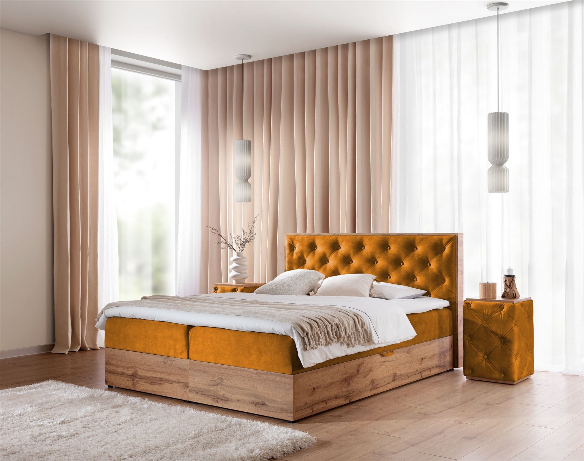 Fun Möbel Boxbett Schlafzimmerbett MAXIMO Überlänge in Stoff Torre (inkl. Kaltschaumtopper), 2 Bettkästen, Artisan-Eiche-Optik