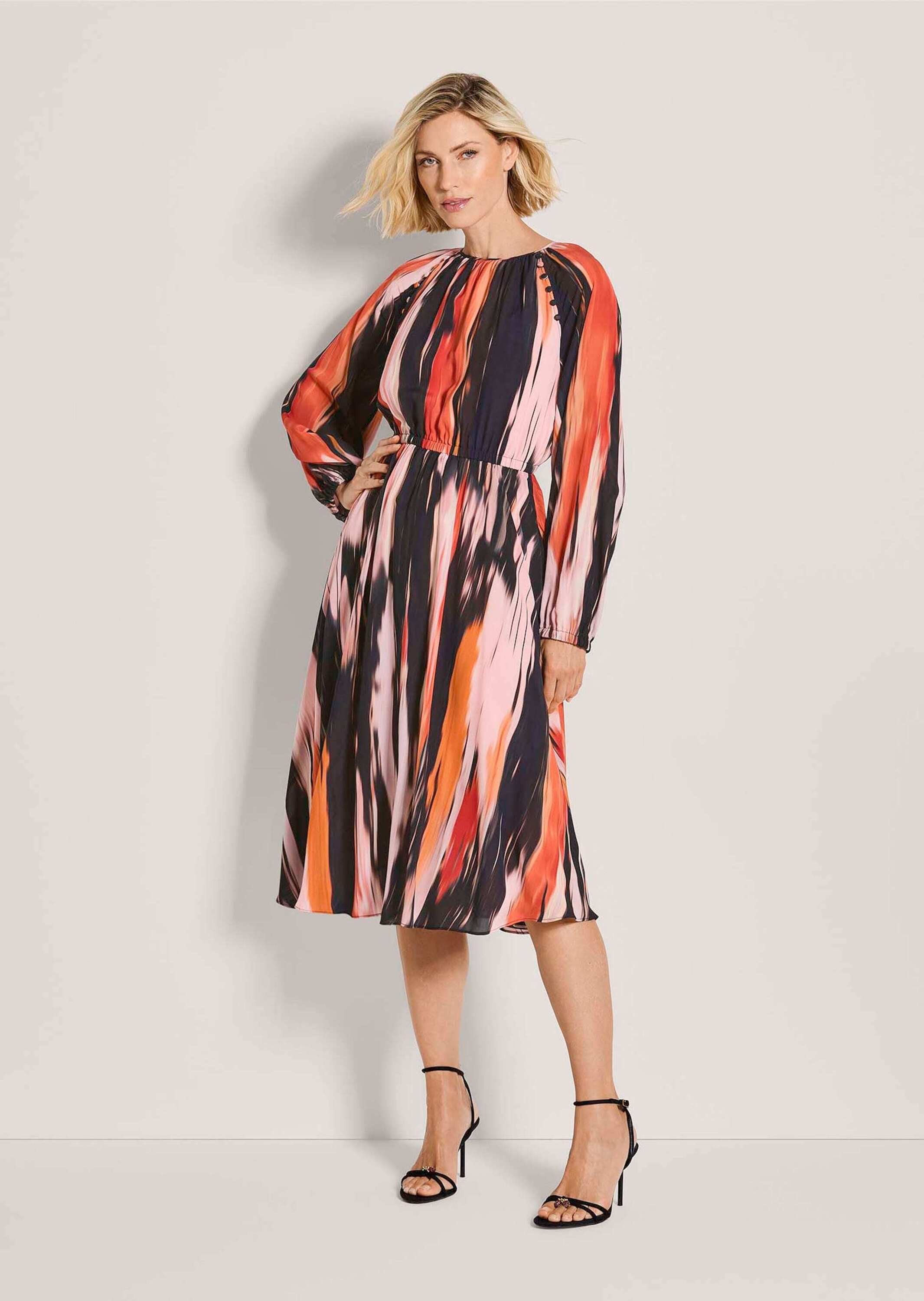 MADELEINE Midikleid Viskosekleid mit Streifenmuster Sommerkleid mit elastischer Taille, Rundhals, Knielänge und Langarm
