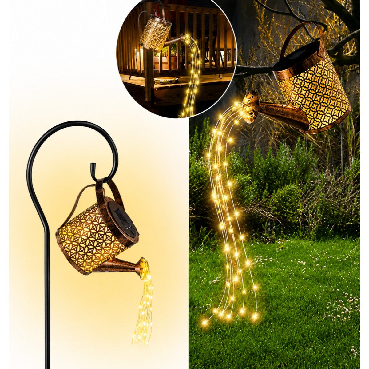 R2 Invest LED Gartenleuchte Dekorative Solar Gartenleuchte Gießkanne LED mit Wasserfall Effekt – Bild 4 von 5