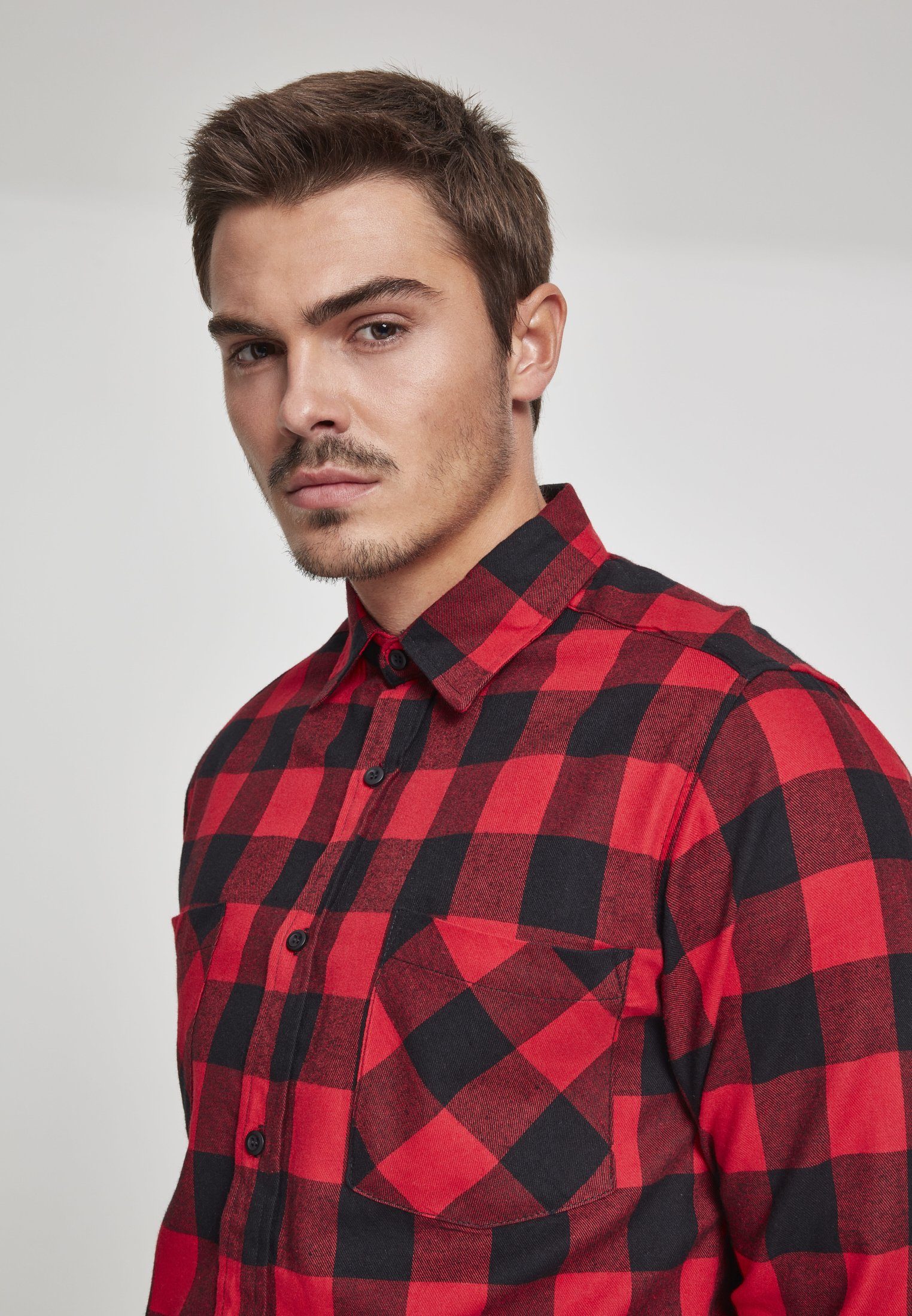 Long black/red Side-Zip Langarmshirt Checked (1-tlg) Herren Shirt Flanell URBAN CLASSICS