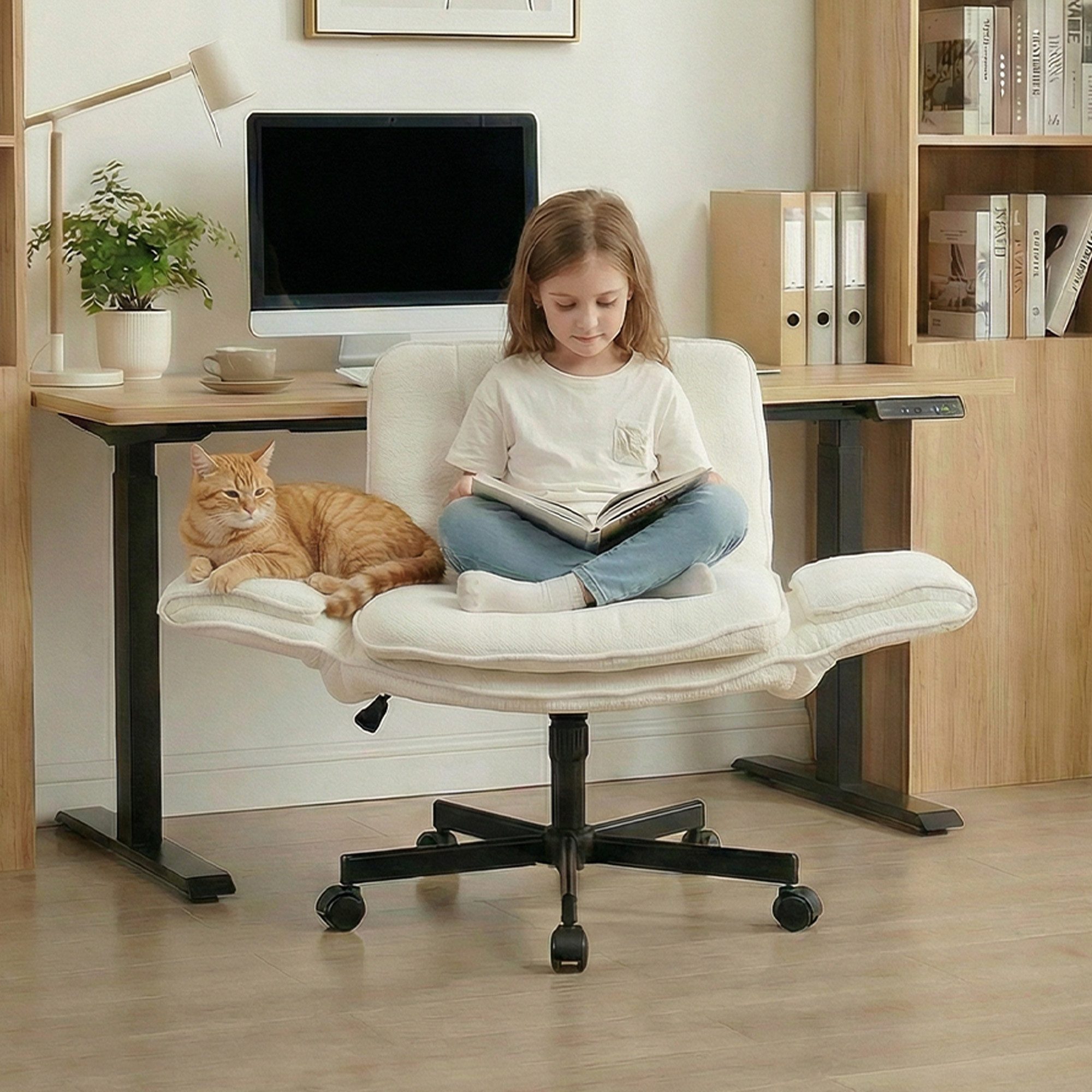 Leawin Drehstuhl Bürostuhl ergonomisch mit breitem Sitz & 5-fach Armlehnen, Schreibtischstuhl mit Chenille-Bezug, Rollen & 150 kg