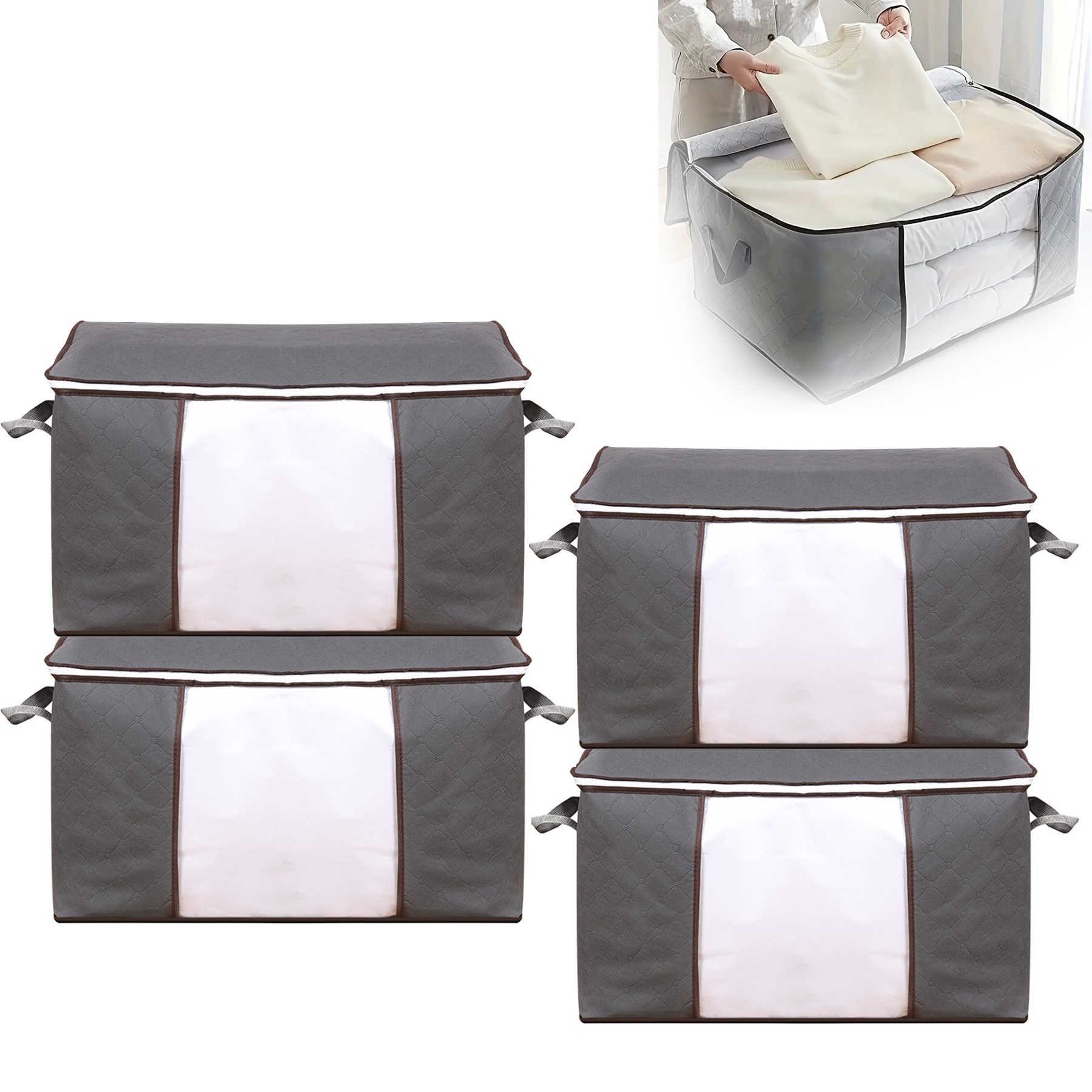 Keyura Aufbewahrungsdose 4 Stück Aufbewahrungstasche, Aufbewahrungsbox mit Deckel (Kleiderschrank Organizer Faltbare Kleideraufbewahrung Umzugskartons, mit Verstärkt Griff für Bettdecken Kleidung Decke), für Kleidung, Bettwäsche, Decken, platzsparend, horizontales Design