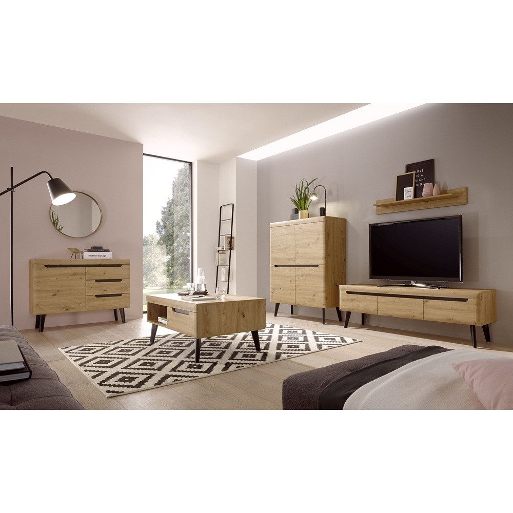Lomadox Wohnzimmer-Set TIROL-61, (Mega-Spar-Set, 5-St., 5-tlg), Eiche mit Schwarz skandinavisches Design mit Couchtisch und Sideboard