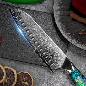 KingLux Santokumesser Damast Küchenmesser Damaststahl Abalone-Muschel Griff