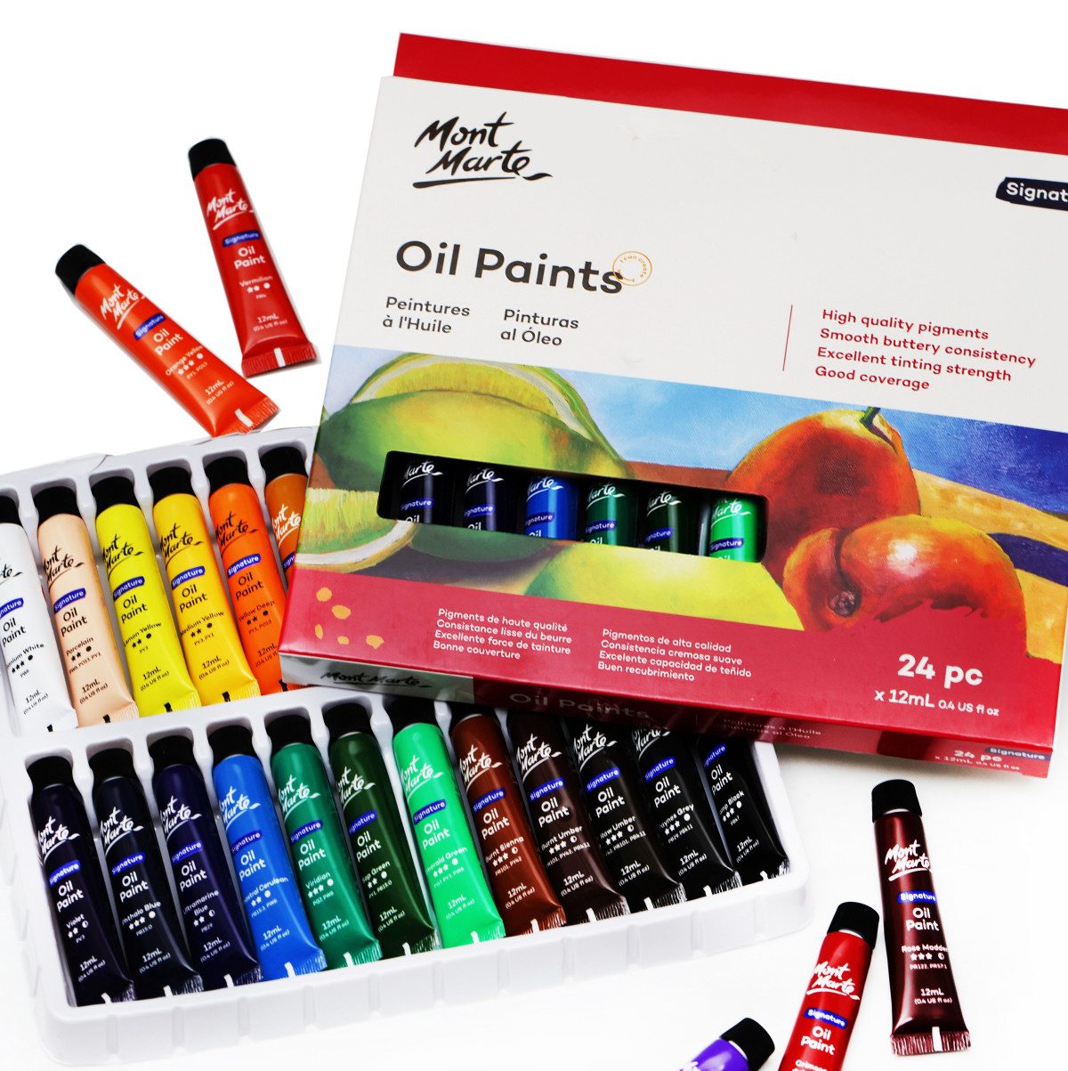 Mont Marte Ölfarbe Set 24 x 12 ml – deckstarke Künstlerfarben mit cremiger Konsistenz, Für ausdrucksstarke Ölmalerei auf Leinwand