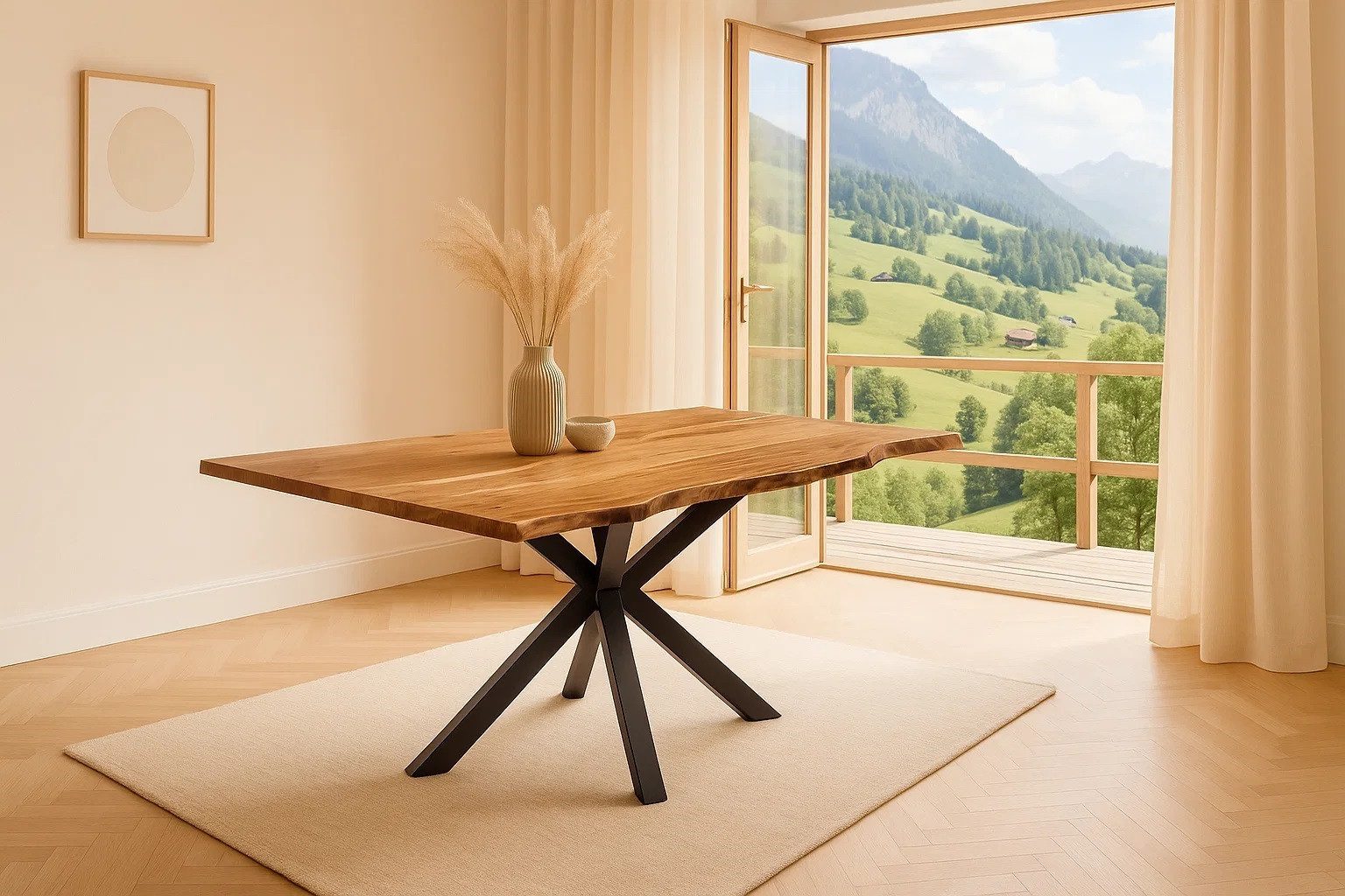 SAM® Baumkantentisch Alfons, massives Akazienholz, Baumkante, Metallgestell Spider-Form schwarz