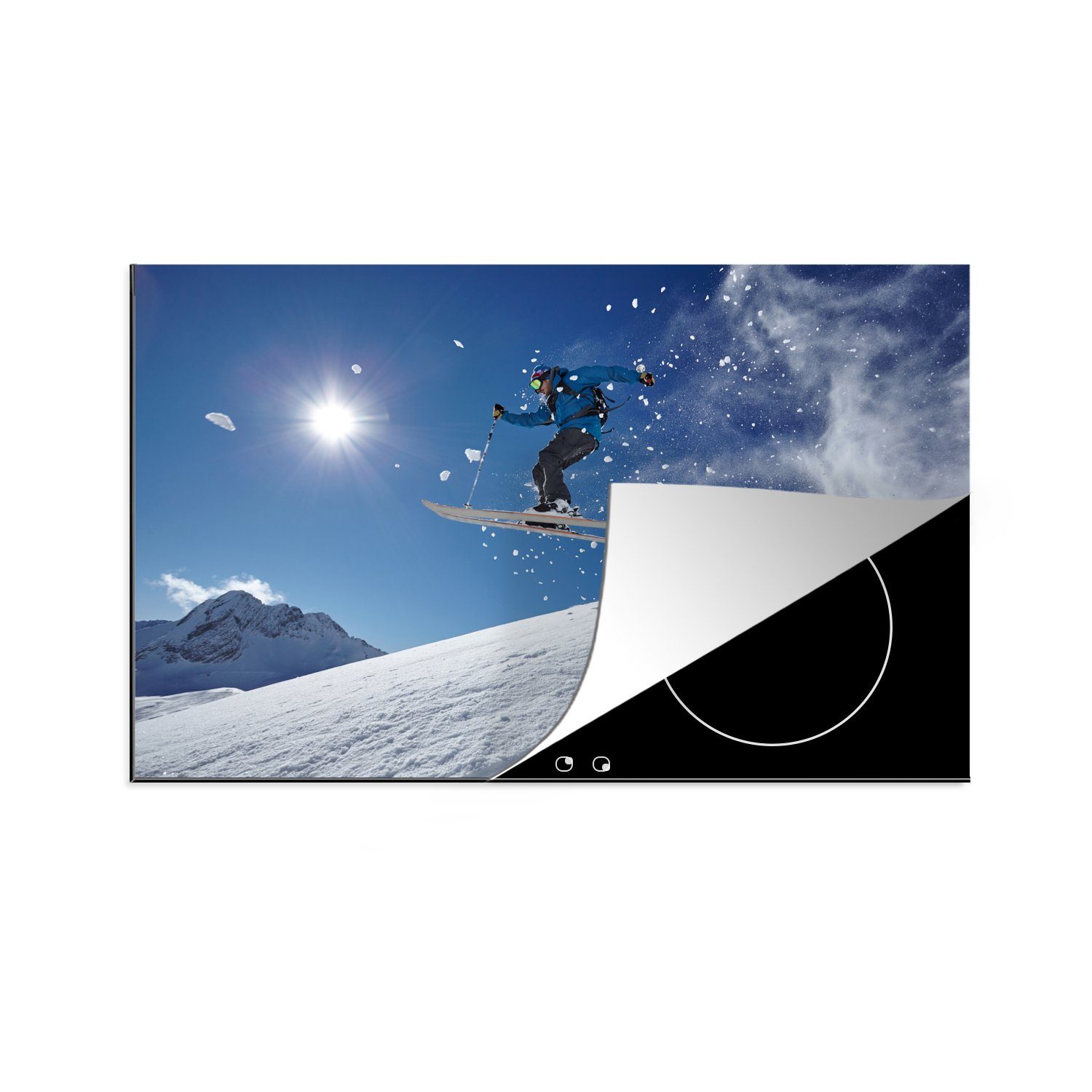 MuchoWow Herdblende-/Abdeckplatte Ein Skifahrer in einer blauen Jacke macht einen großen Sprung, Vinyl, (1 tlg), 81x52 cm, Induktionskochfeld Schutz für die küche, Ceranfeldabdeckung