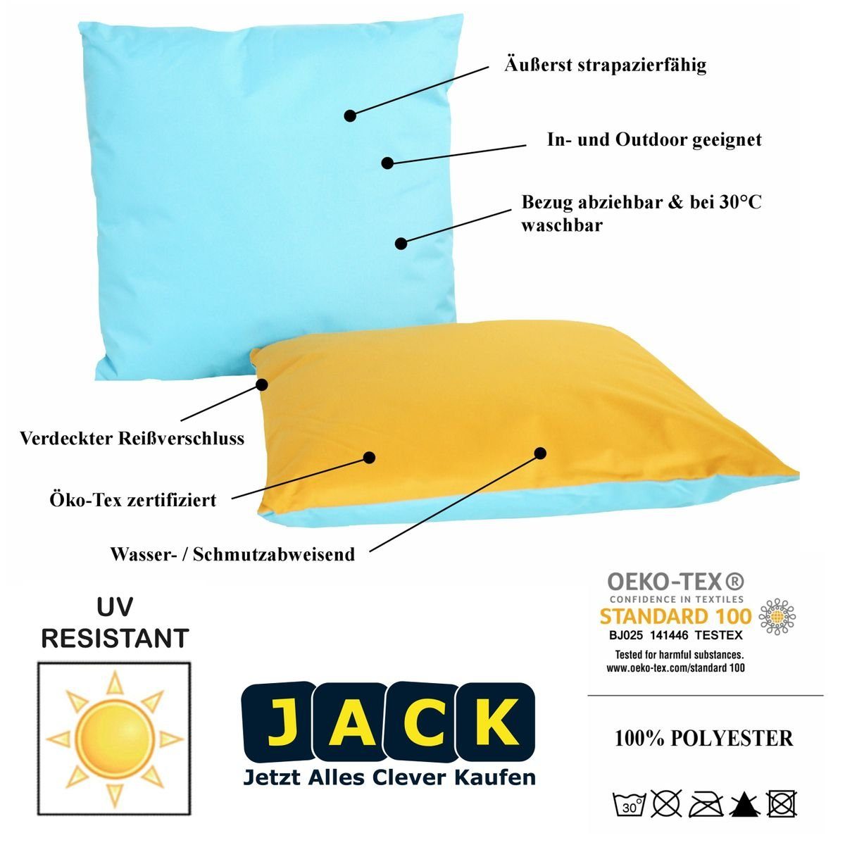 JACK Dekokissen 4x JACK mit 45x45cm Füllung, Lotus-Effekt, Outdoor inkl. Wende Gold-Hellblau geeignet für Lounge Strapazierfähig, Robust, 2-farbiges & / Elfenbein-Grau Außen Innen Kissen