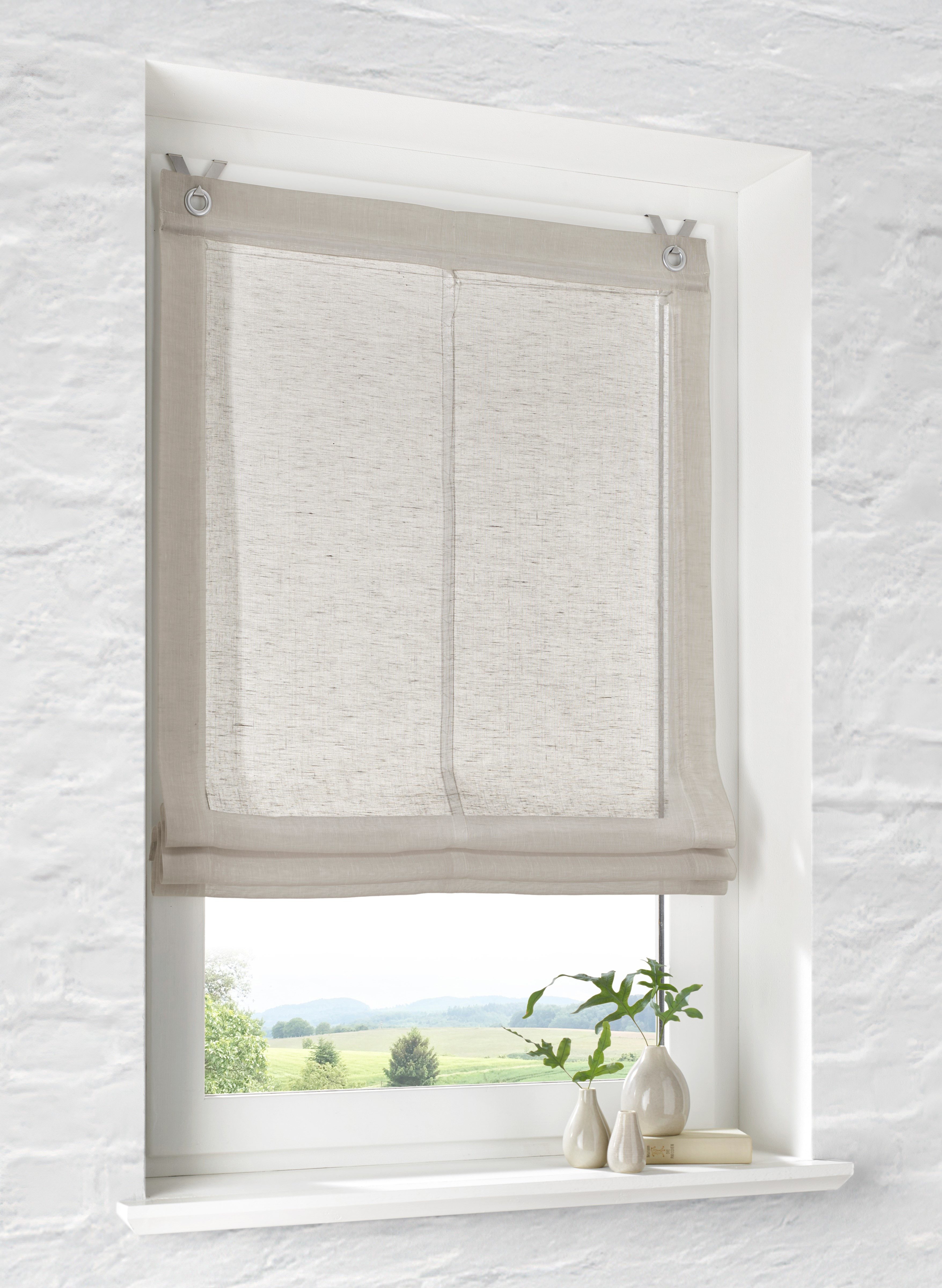 Kutti Raffrollo Brondby, mit Hakenaufhängung, ohne Bohren, freihängend, Leinenoptik lichtfilternd Edelstahlhaken