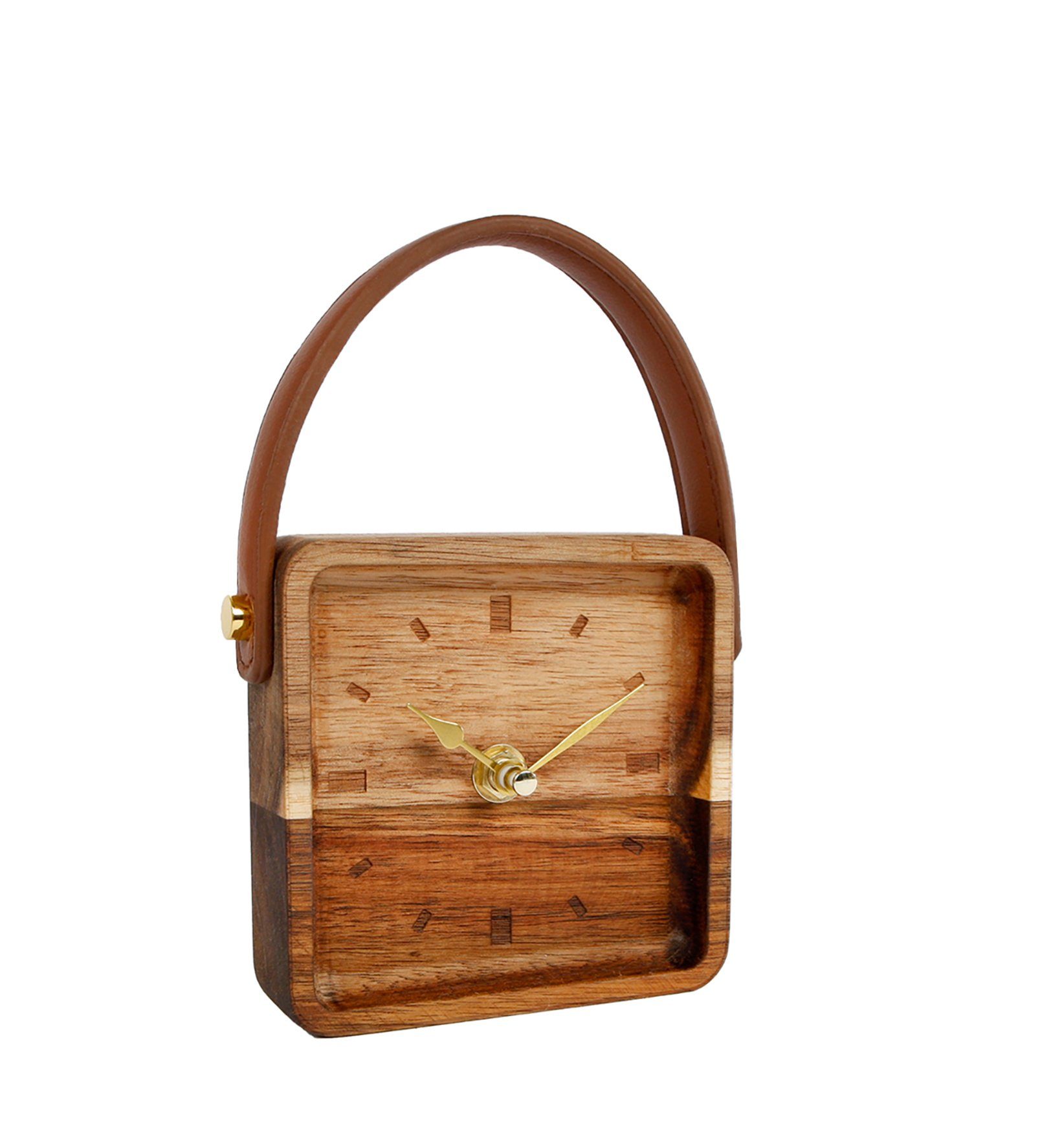 Spetebo Standuhr Holz Standuhr 11 cm mit Griff in Leder Optik (1-St), Analog Retro Tischuhr eckig