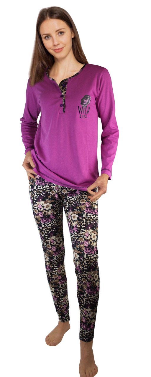 DF267 lila Schlafanzug Consult-Tex Pyjama Set) Damen (Spar-Set, 1 Alloverdruck, Pyjama Knopfleiste