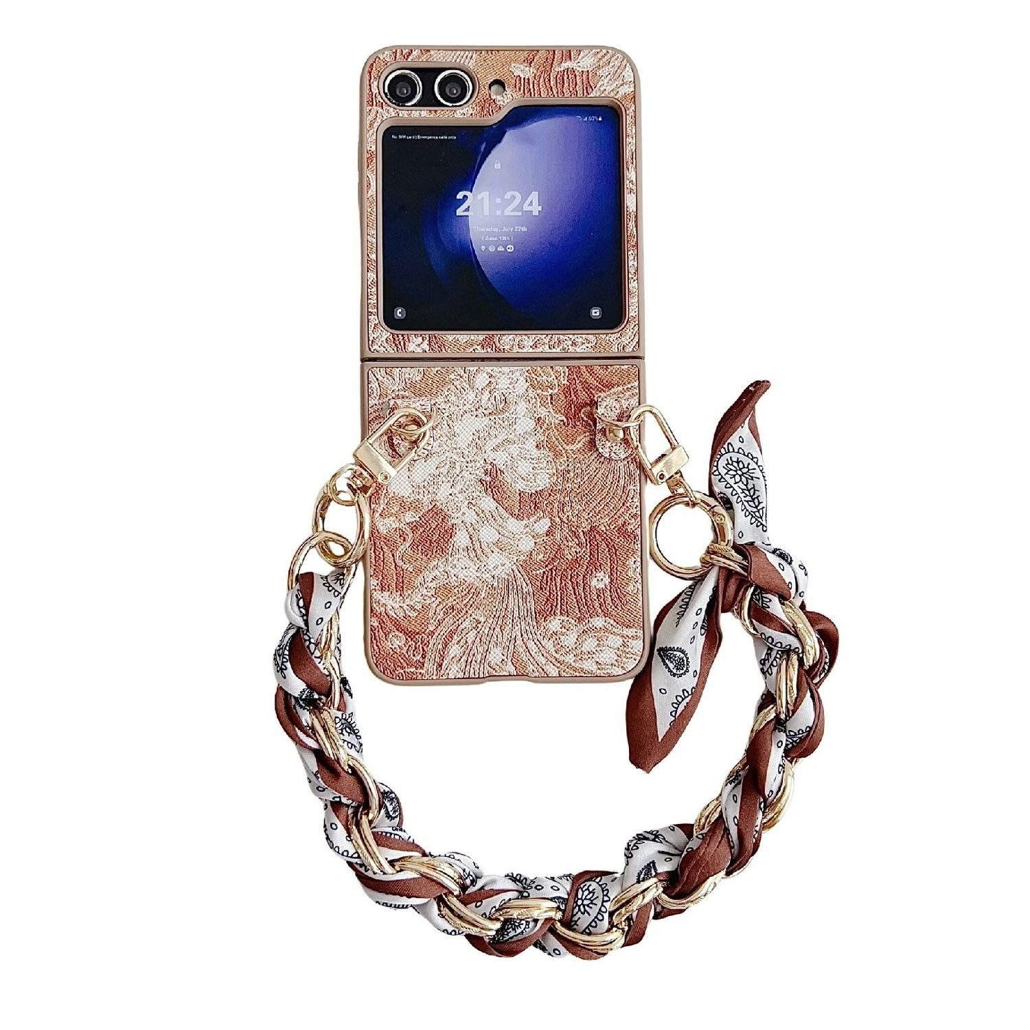Wigento Handyhülle Für Samsung Galaxy Z Flip7 FE / Flip6 5G Stick Hülle und Armband Braun