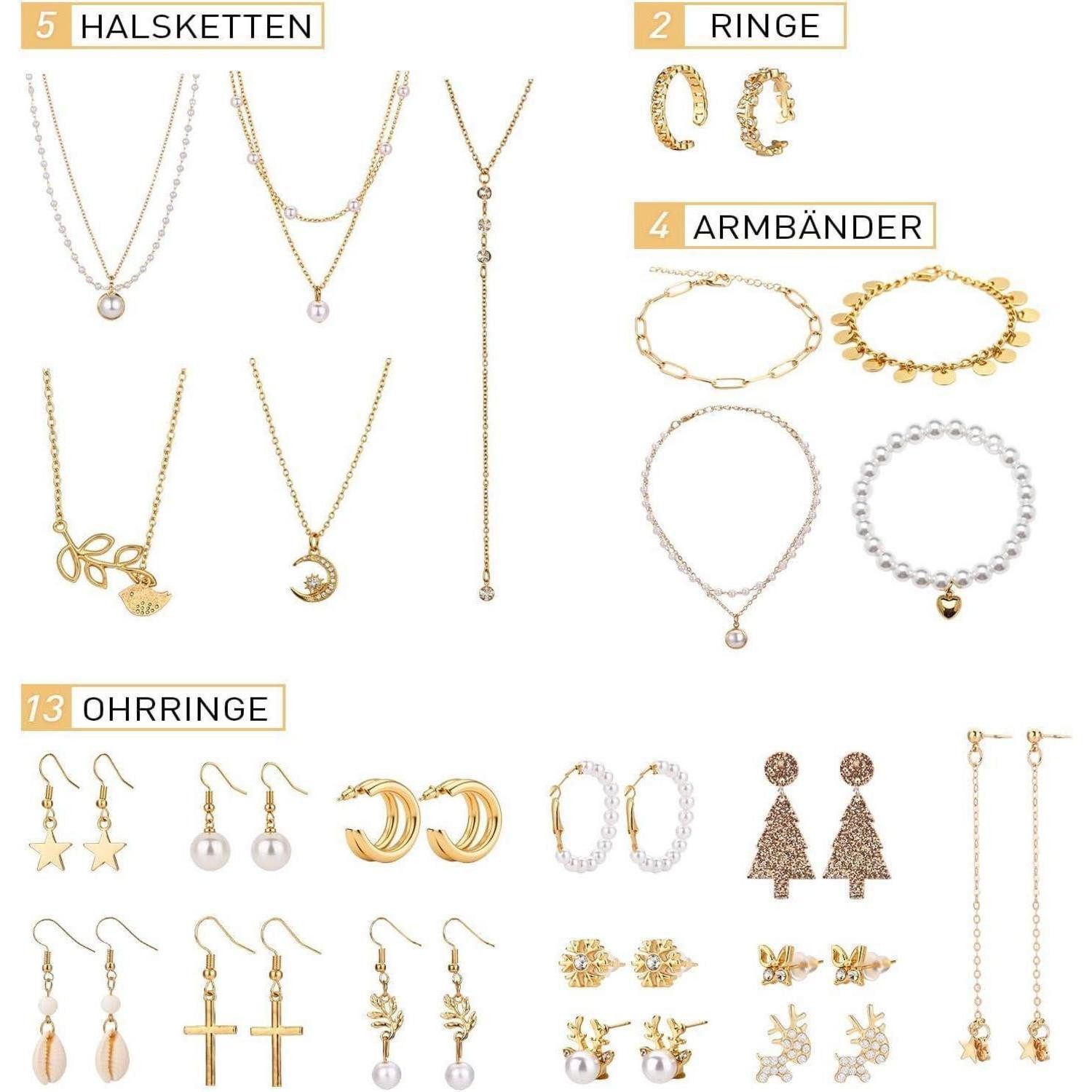 LuxusKollektion Schmuck-Adventskalender Adventskalender Schmuck 24 Überraschungen Gold für Frauen und Mädchen