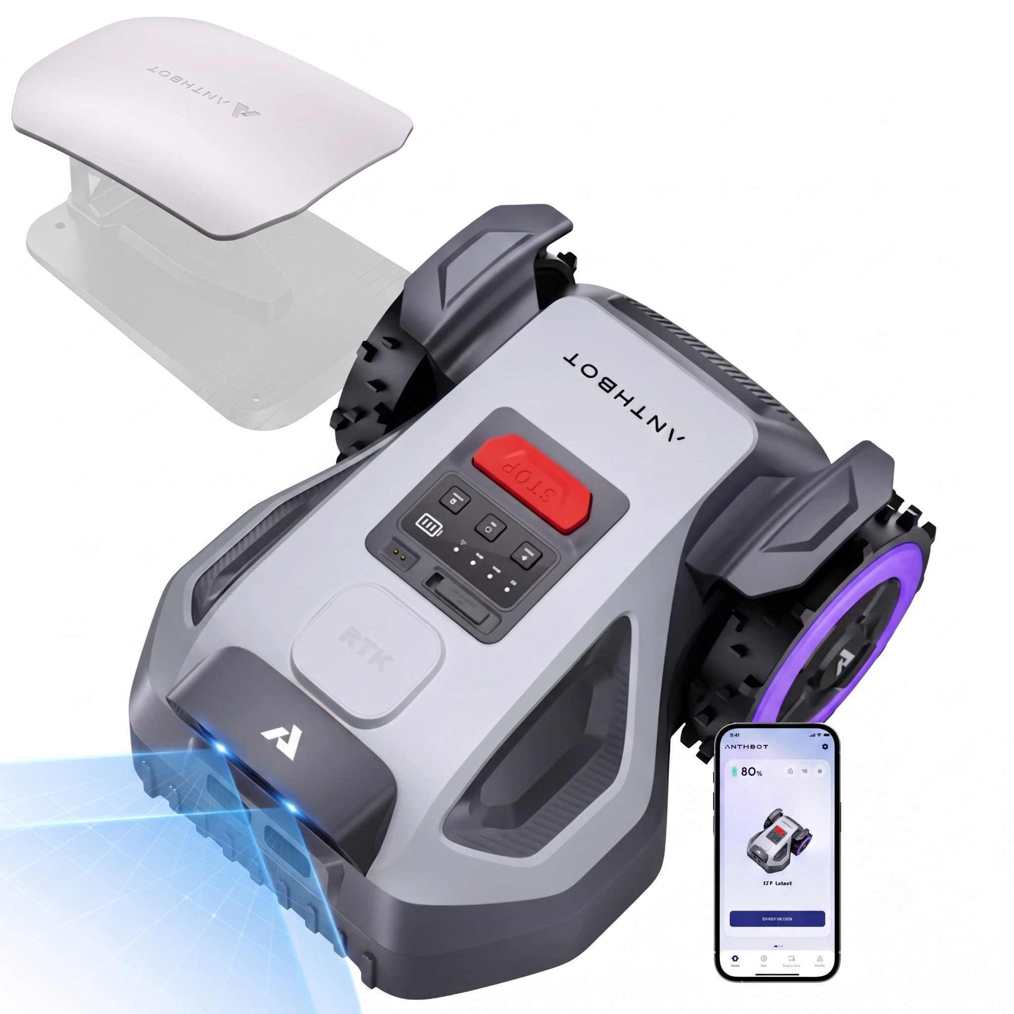 ANTHBOT Rasenmähroboter M-Serie Set inkl. Garage Pro, Mähroboter ohne Begrenzungskabel, bis 1200 m² Rasenfläche, (RTK-Navigation • HDR-Dual-Vision • 45% Steigung), Kantenmähen, Multizonen, Schnitthöhe per App, IPX6