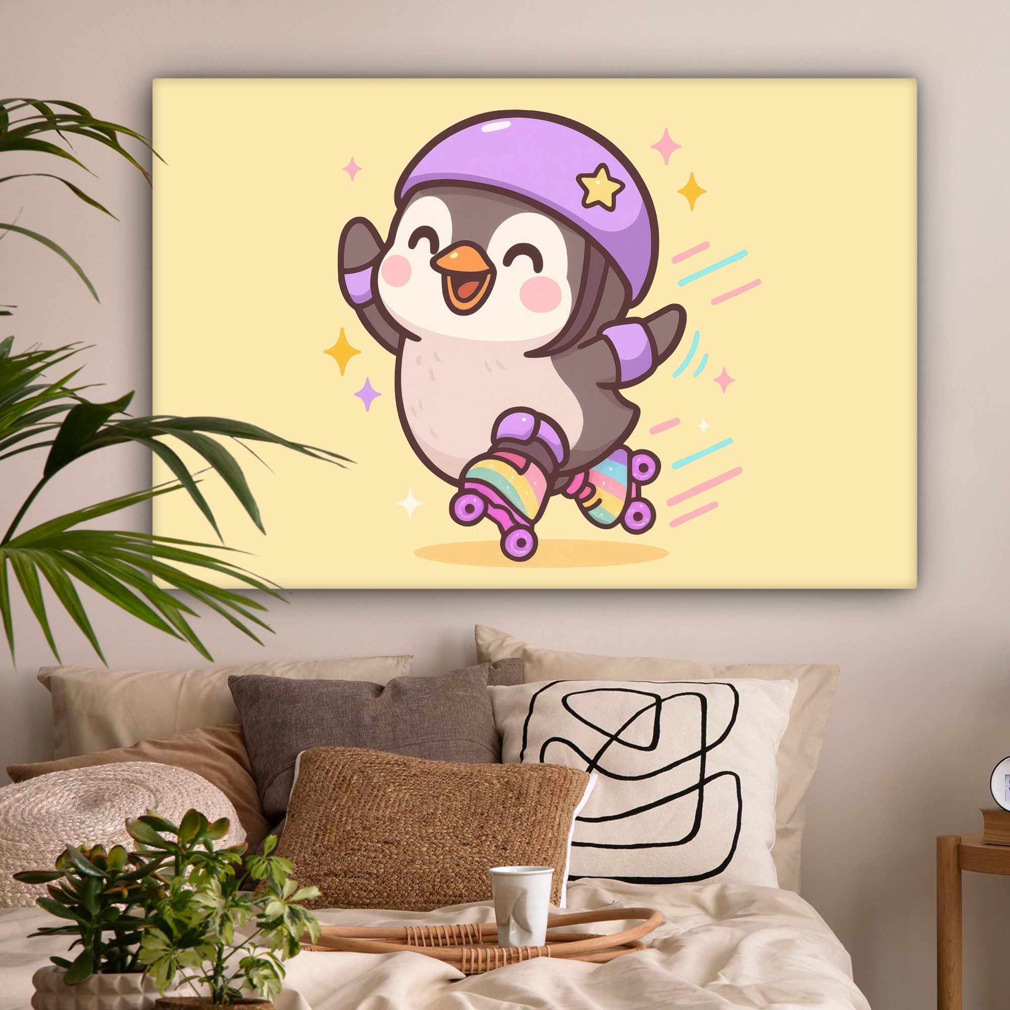 OneMillionCanvasses® Leinwandbild Pinguin - Rollschuhe - Gelb - Energetisch, Fotodruck (1 St), Leinwandbilder XXL Wohnzimmer, Deko Aesthetic 150x100 cm