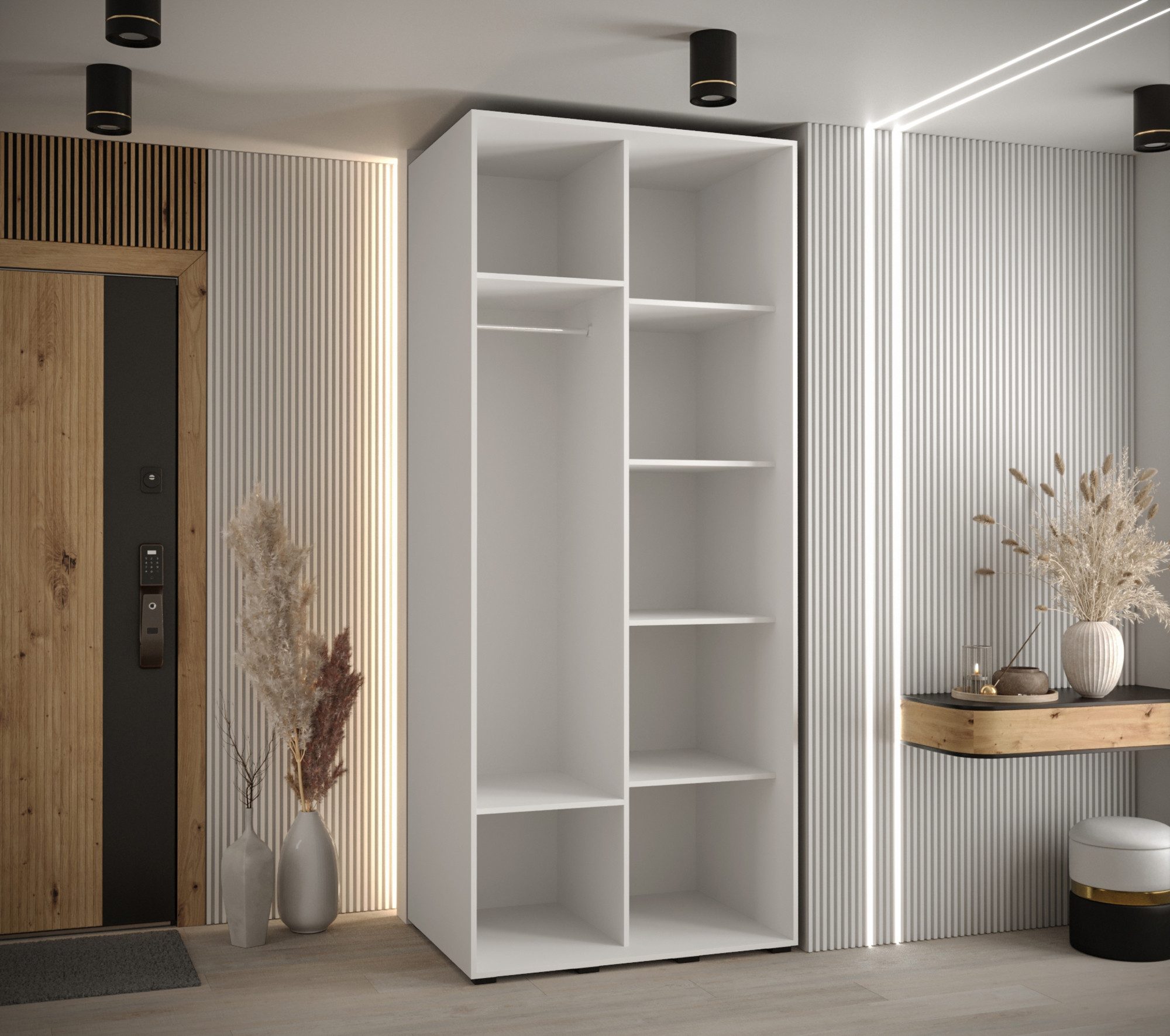 MOEBLO Schiebetürenschrank RILLO II (Wohnzimmerschrank mit Spiegel, Schwebetürenschrank 2-türig Schrank Garderobe Schiebtüren Schlafzimmer) Lamellen