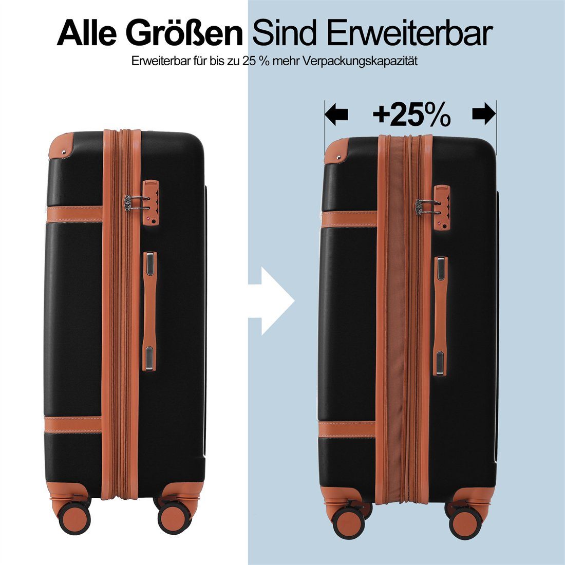 DÖRÖY Hartschalen-Koffer, schwarz+braun 4 Handgepäck Reisekoffer, Koffer Rollen,