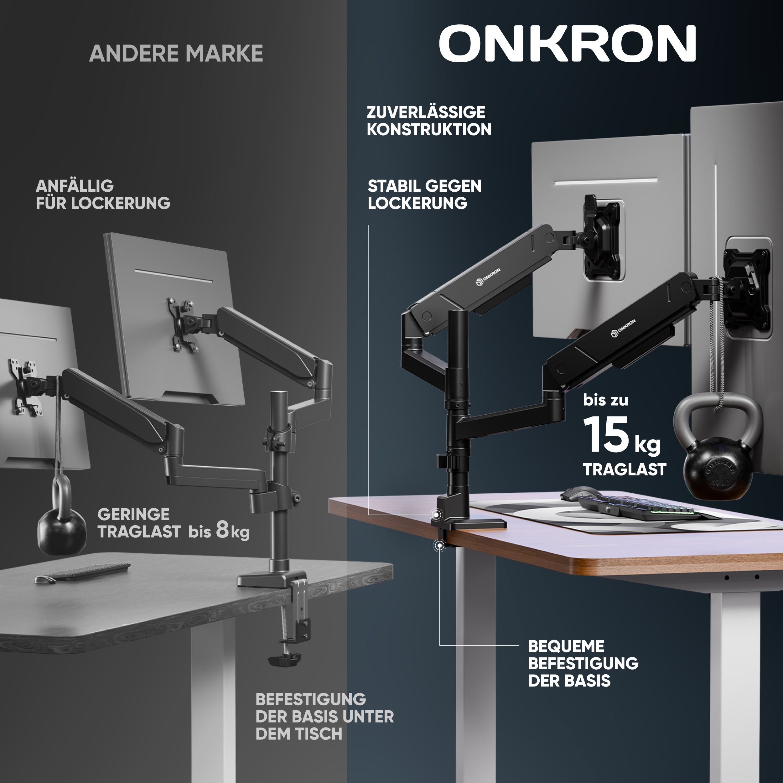 ONKRON Monitor-Halterung 17-45 Zoll, bis 15 kg pro Arm, VESA 75x75-100x100, G140-B, (bis 32 Zoll, neigbar, schwenkbar, drehbar, höhenverstellbar, Schnellverschl – Bild 3 von 5